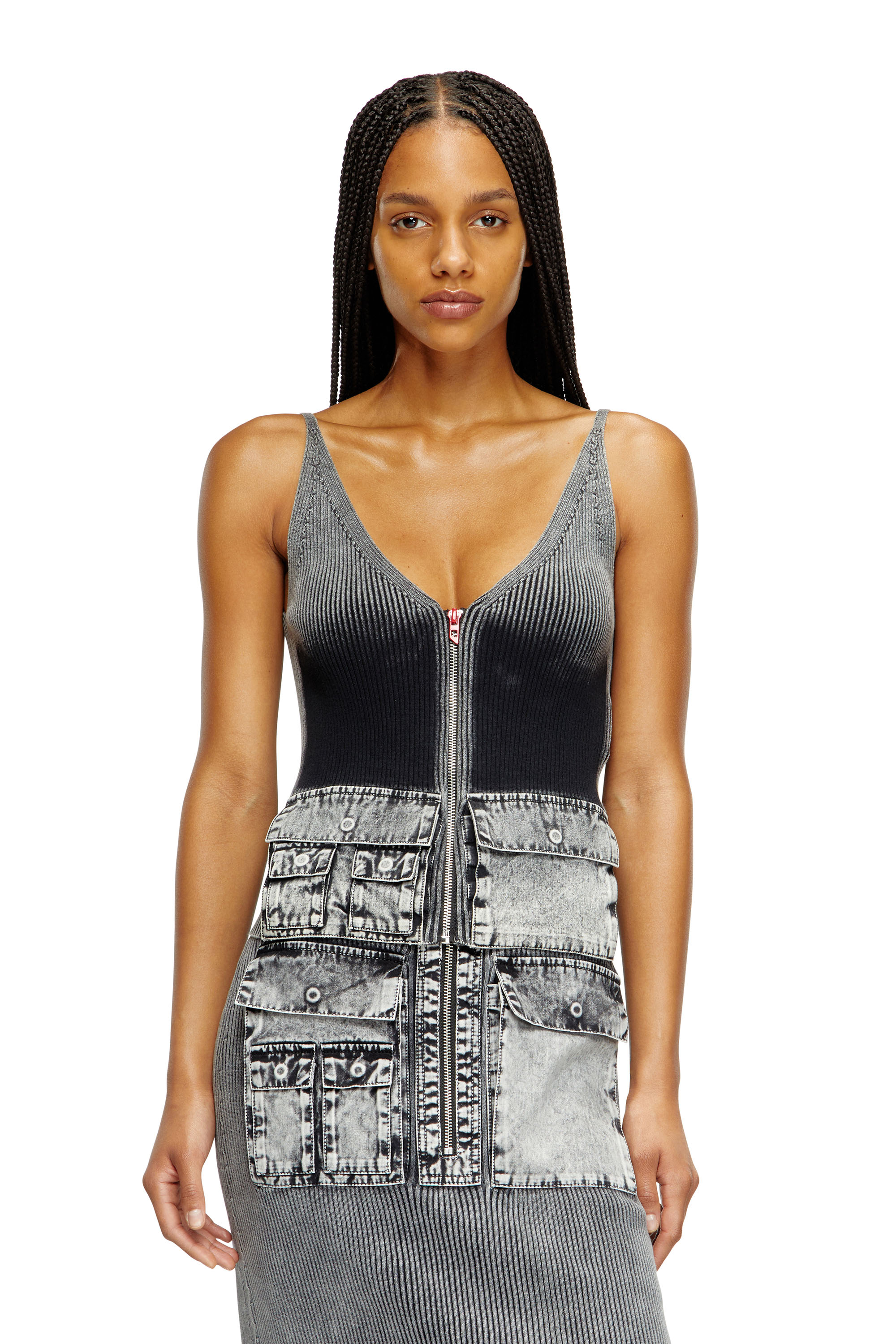 Diesel - M-MELLY, Camiseta tejida con tirantes y bolsillos cargo de denim Mujer in Gris - 1