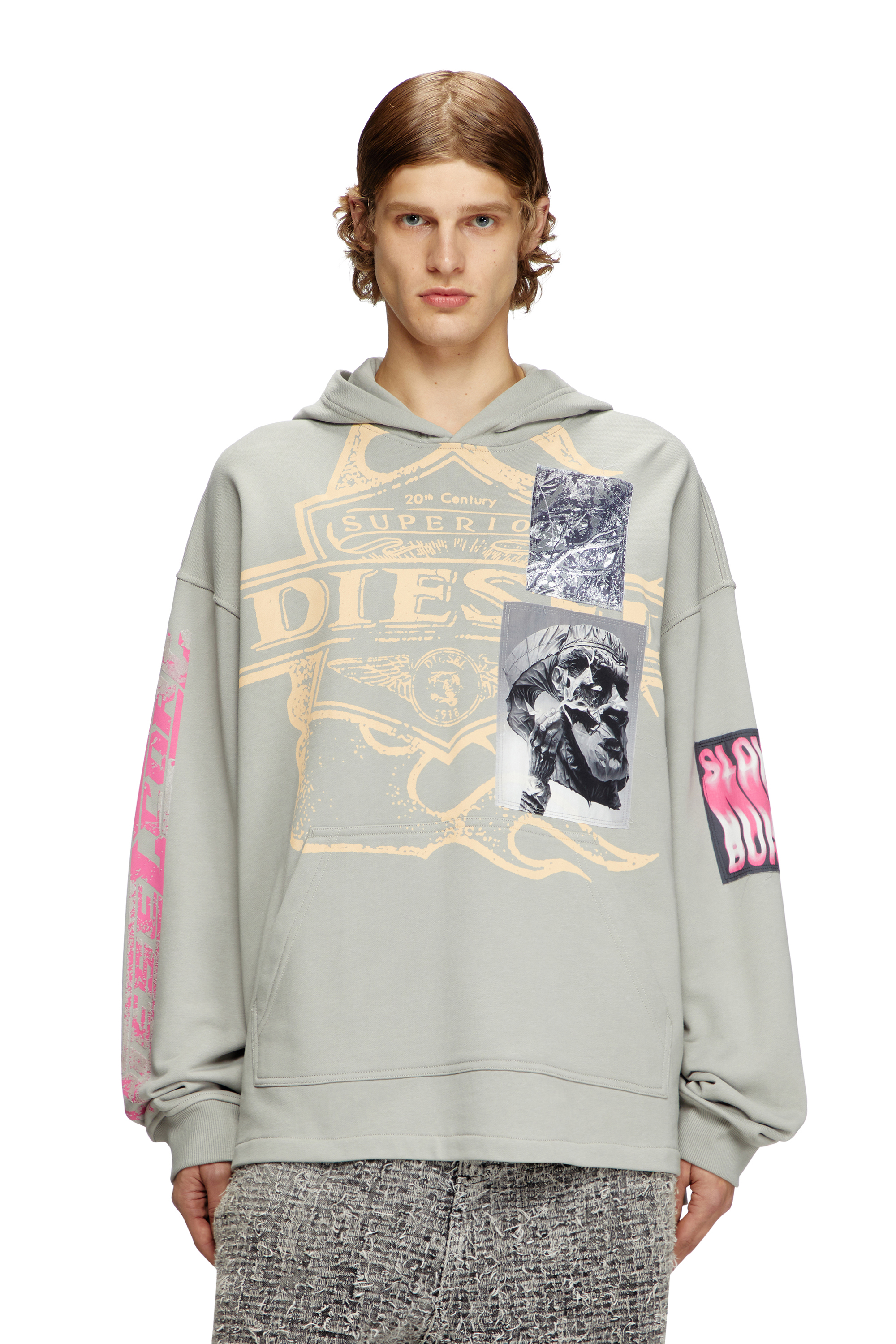 Diesel - S-BAXT-HOOD-R1, Sudadera con capucha, estampados y parches con el logotipo Hombre in Gris - 1