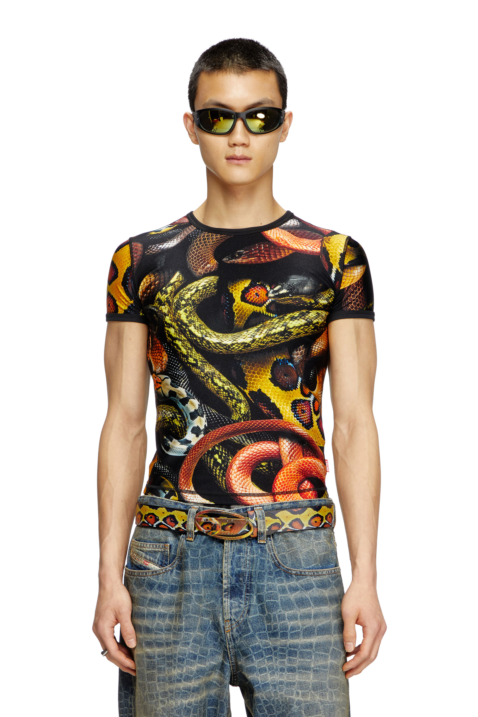 Diesel - CL-T-UNCLE-SNAKE, Camiseta de licra con estampado de serpiente all-over Unisex in Multicolor - 1