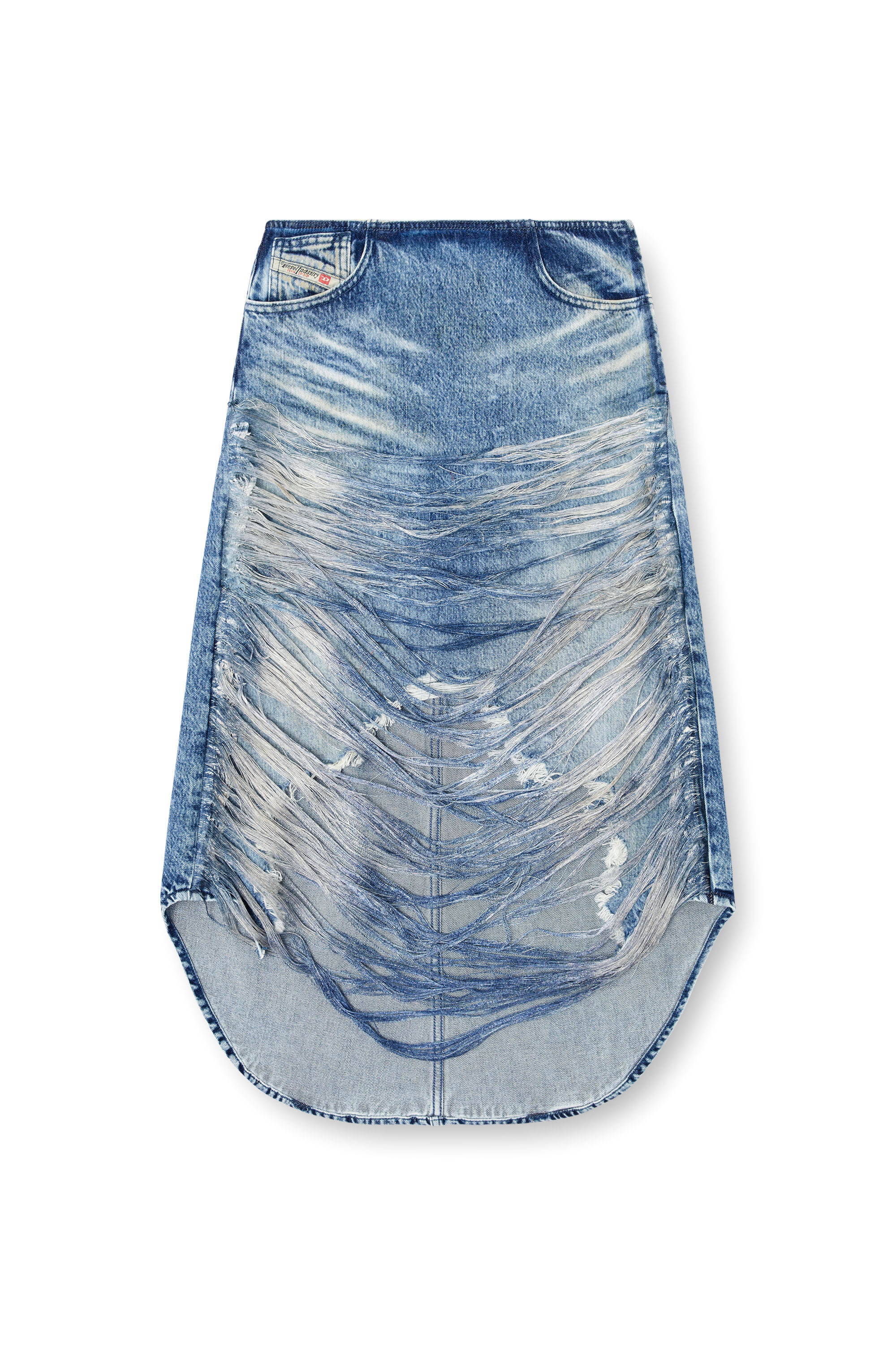 Diesel - DE-PLUMY-FSG, Falda midi en denim desgastado con flecos Mujer in Azul marino - 3