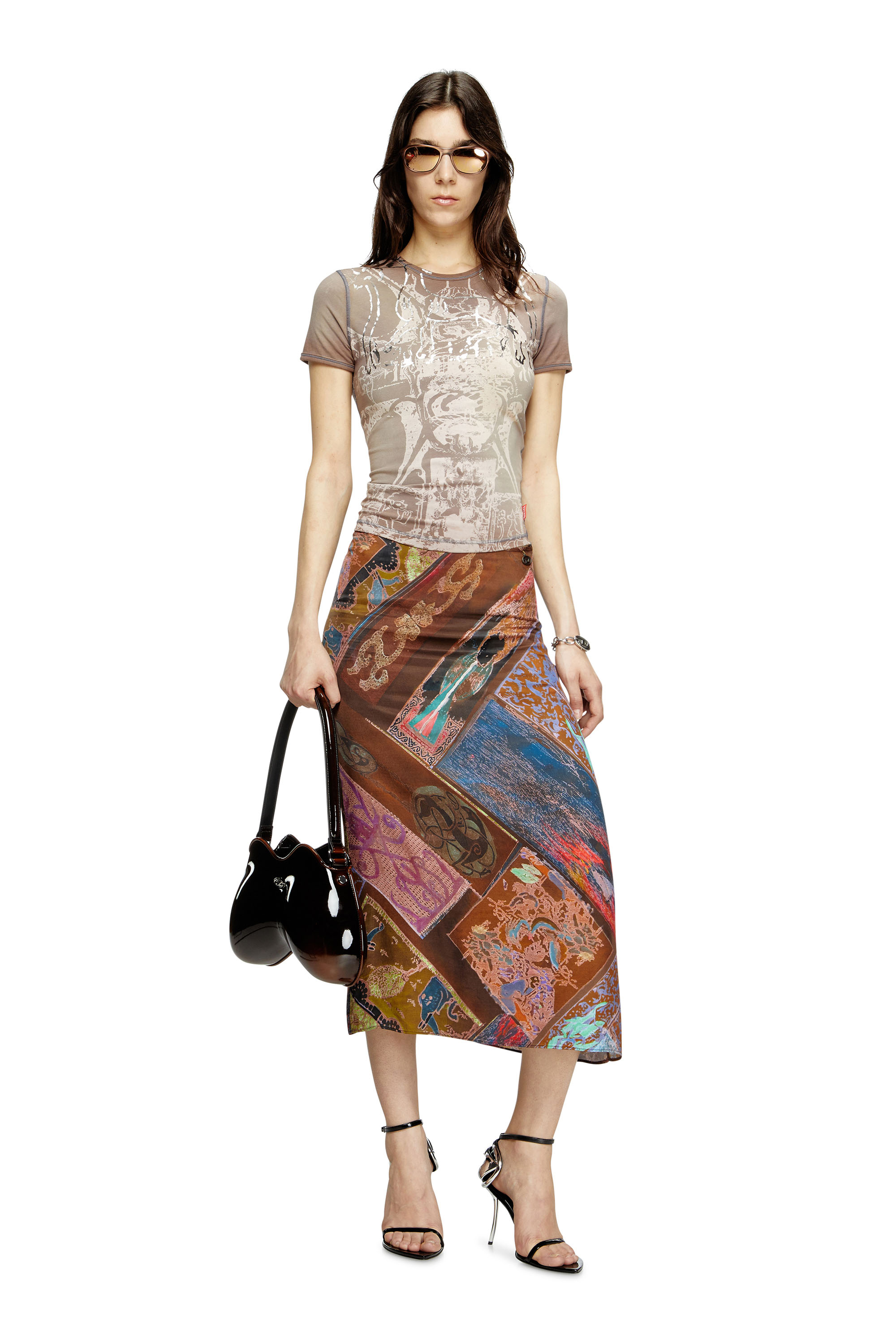 Diesel - T-UNCUTIES-LONG-R6, Camiseta con estampado de lámina Mujer in Marrón - 1