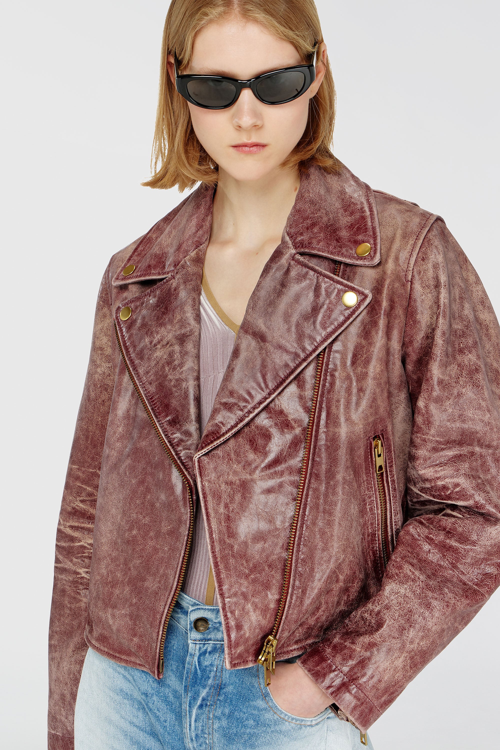Diesel - L-UNATIC-T1, Chaqueta biker de piel tratada Mujer in Rojo - 6