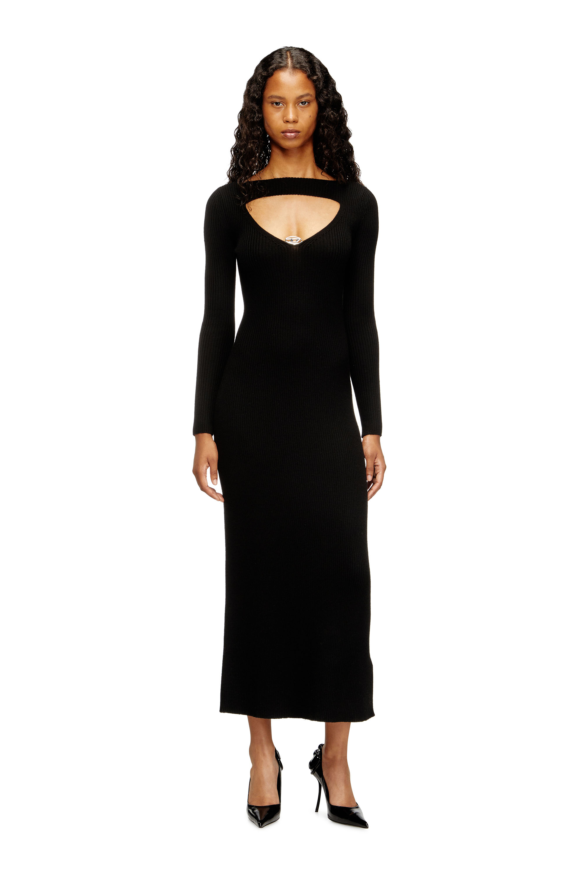 Diesel - M-OLONI, Vestido midi de lana con incrustaciones Mujer in Negro - 2
