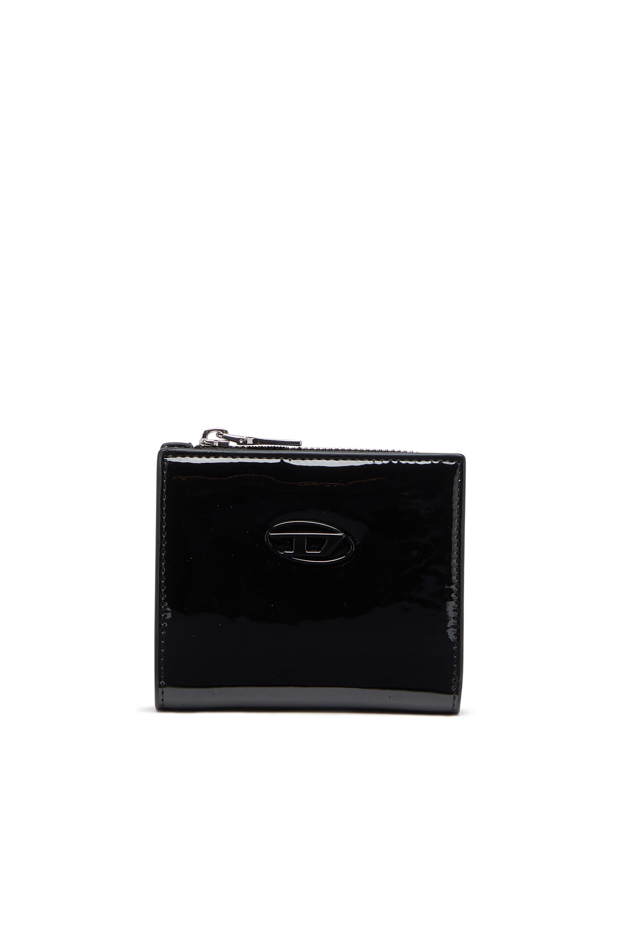 Diesel - PLAY BI FOLD ZIP L, Cartera que se pliega por la mitad de poliuretano brillante Mujer in Negro - 1