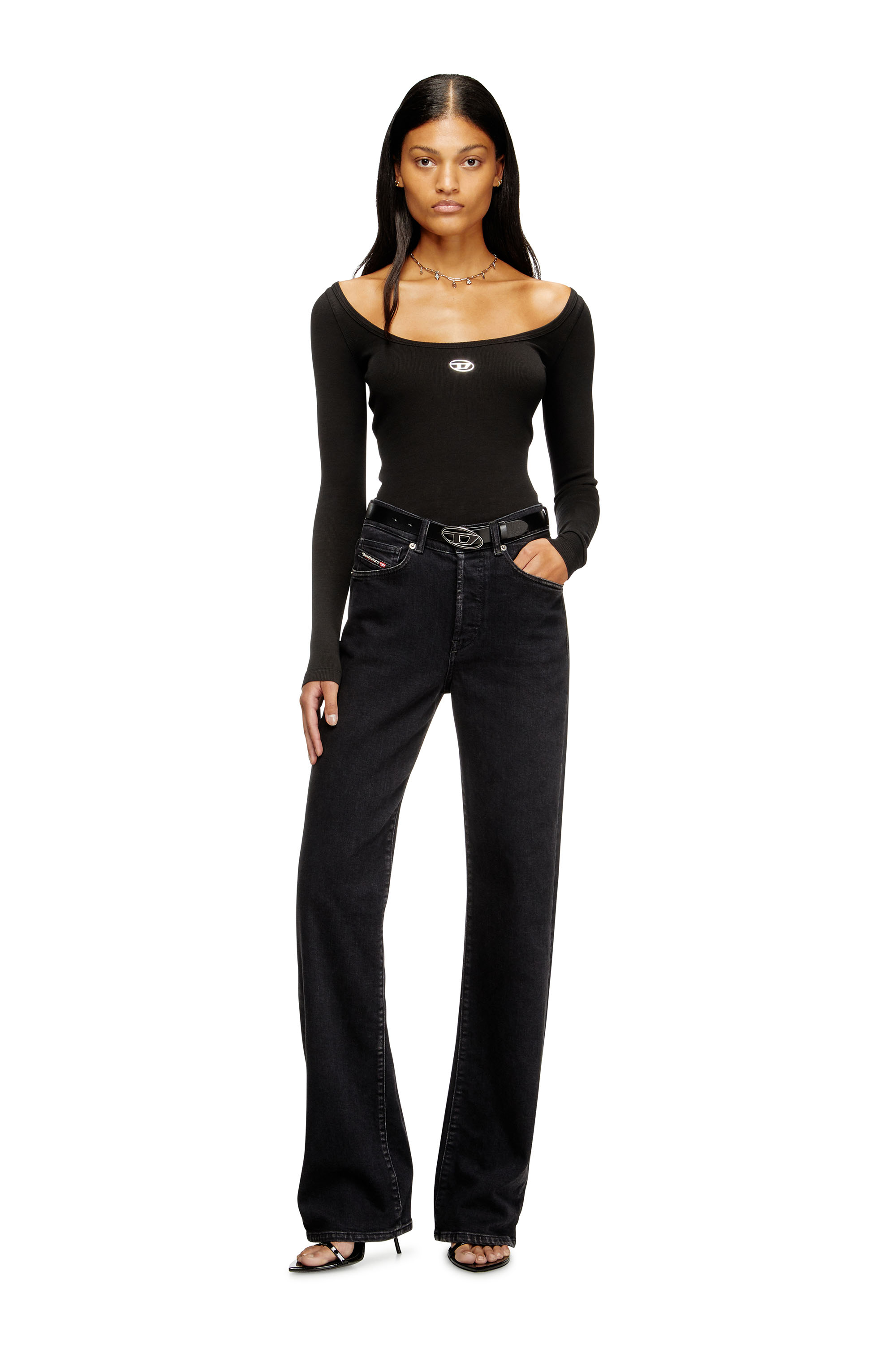 Diesel - T-BAL-OD, Top de manga larga de canalé con Oval D metálico Mujer in Negro - 2