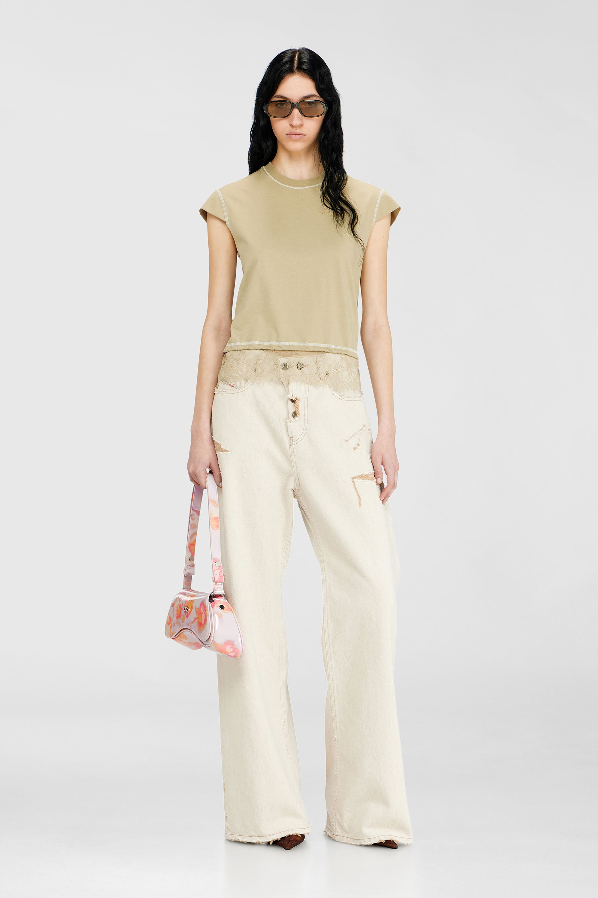 Diesel - T-LUNA, Top de jersey con bajo de encaje Mujer in Beige - 2