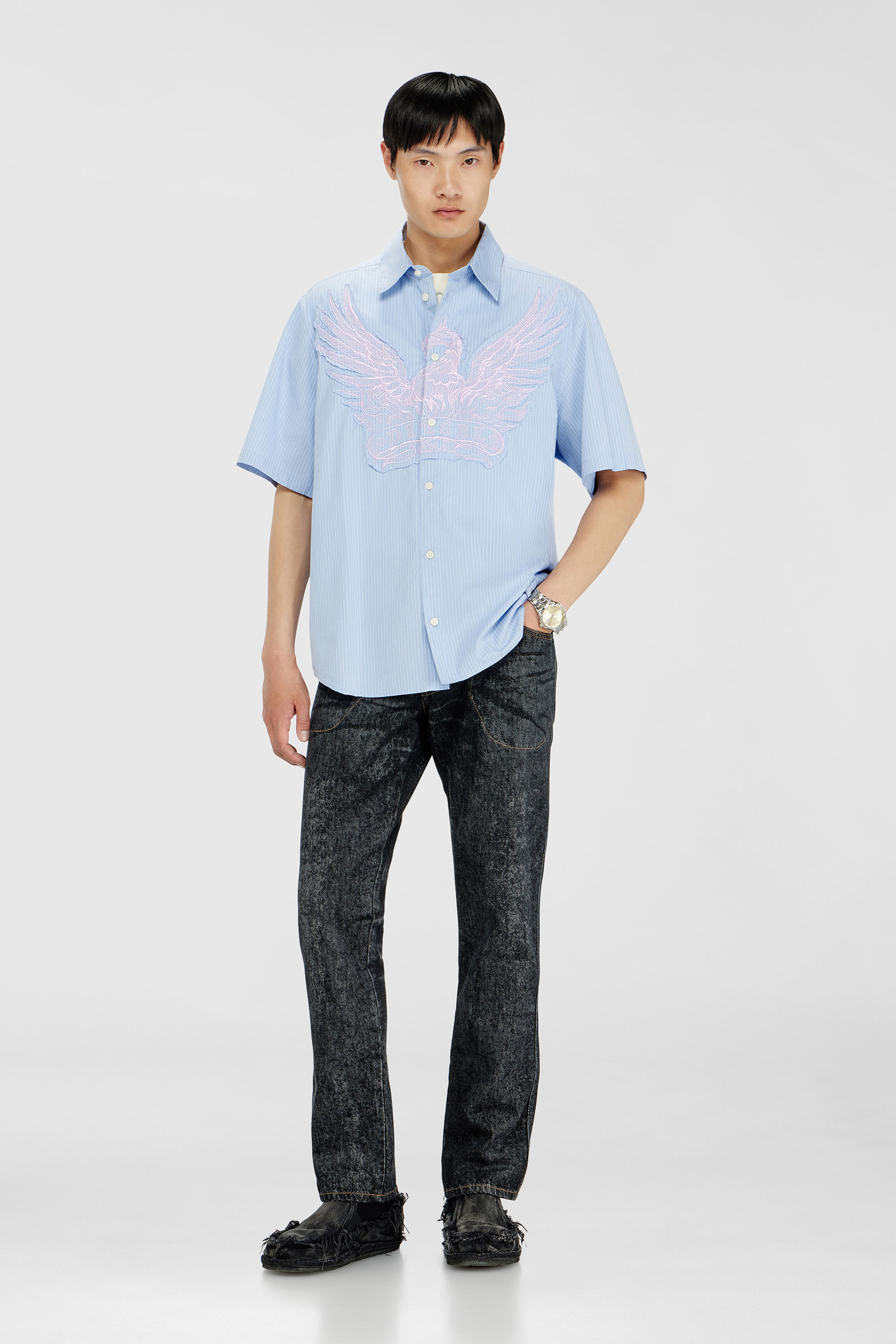 Diesel - S-SIMPLY-SS-AGCZ, Camisa de popelina a rayas con patch bordado Hombre in Azul marino - 2