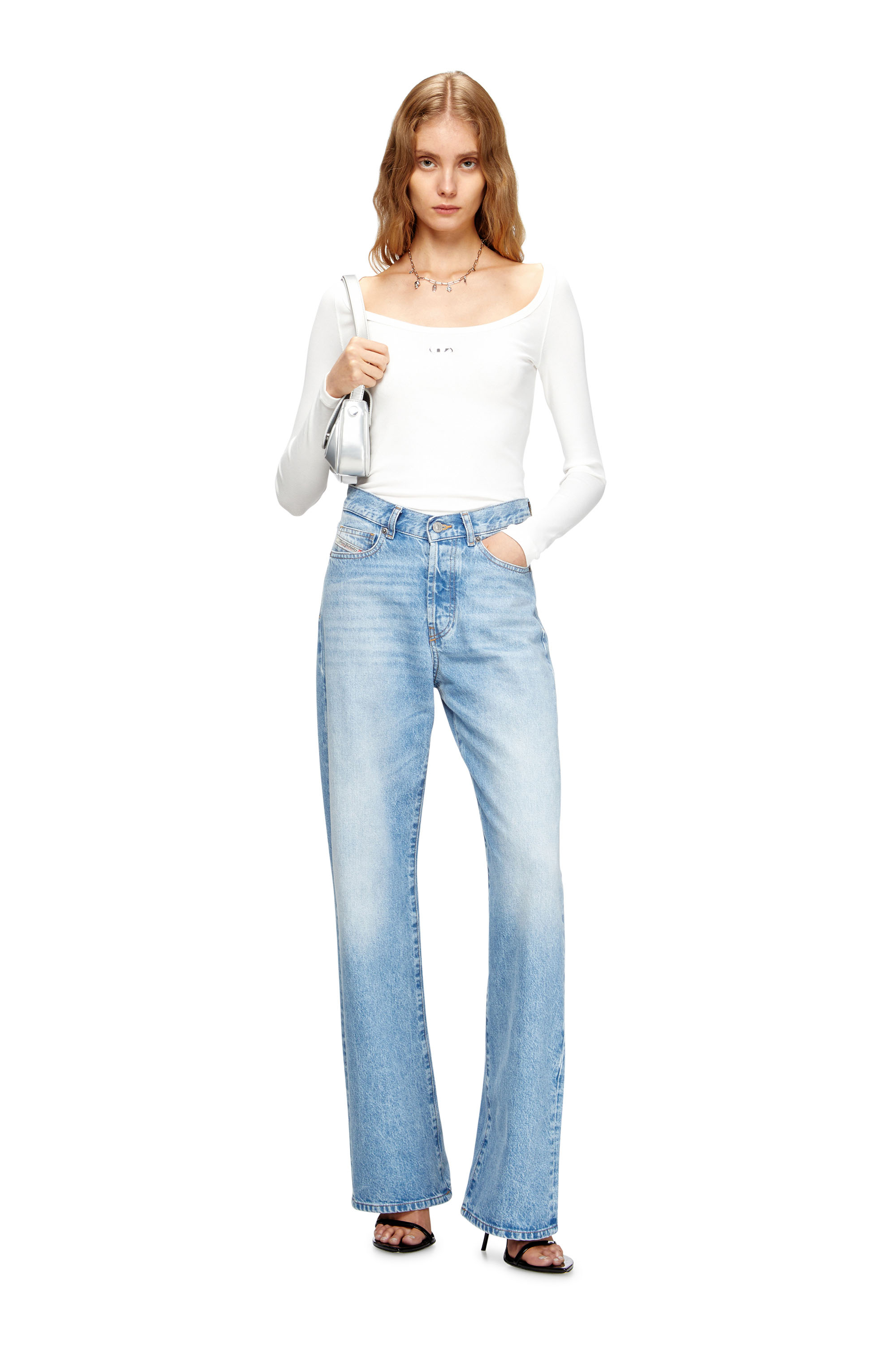 Diesel - T-BAL-OD, Top de manga larga de canalé con Oval D metálico Mujer in Blanco - 2