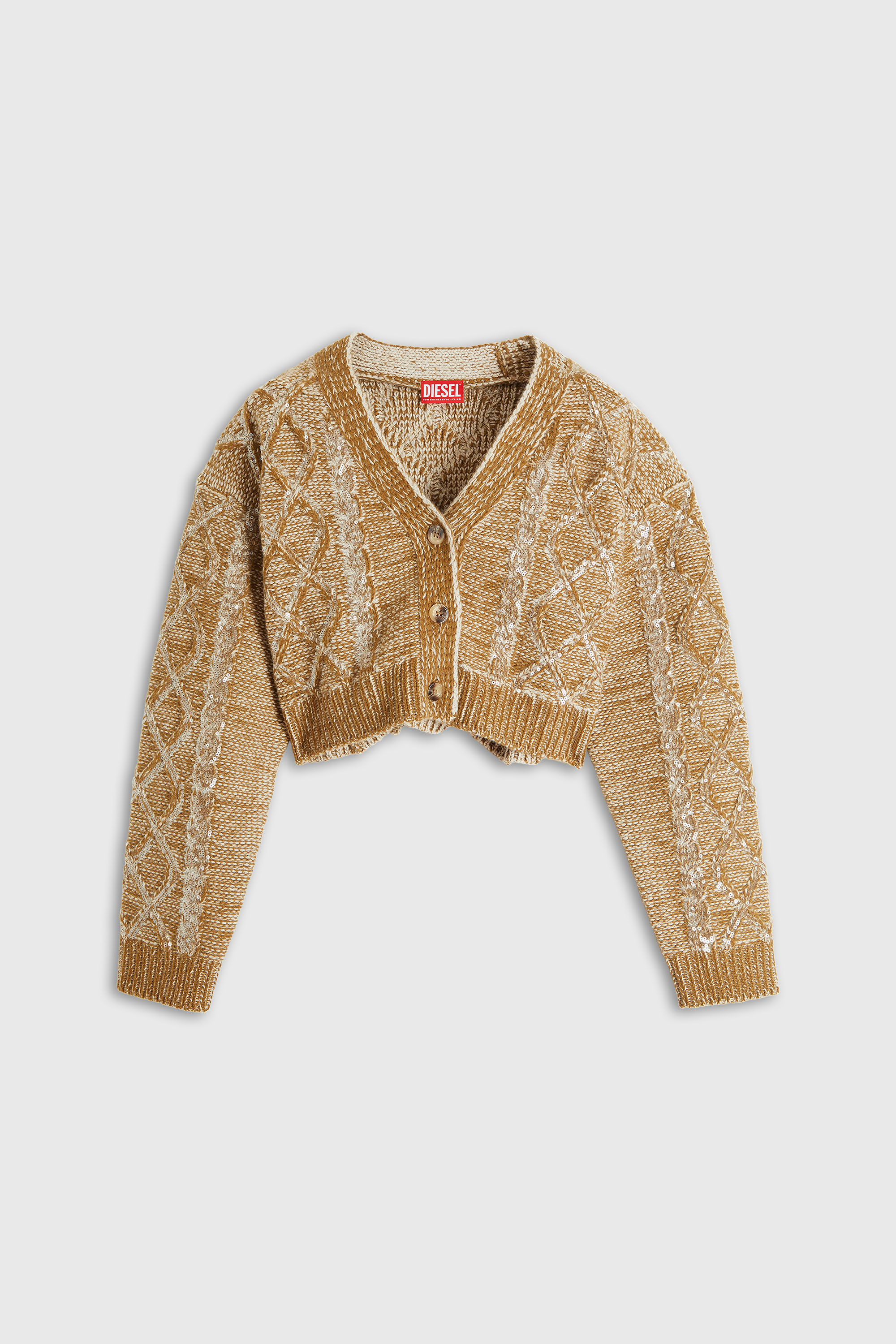 Diesel - M-BRAKY, C&aacute;rdigan de lana con lentejuelas y punto trenzado Mujer in Dorado - 2