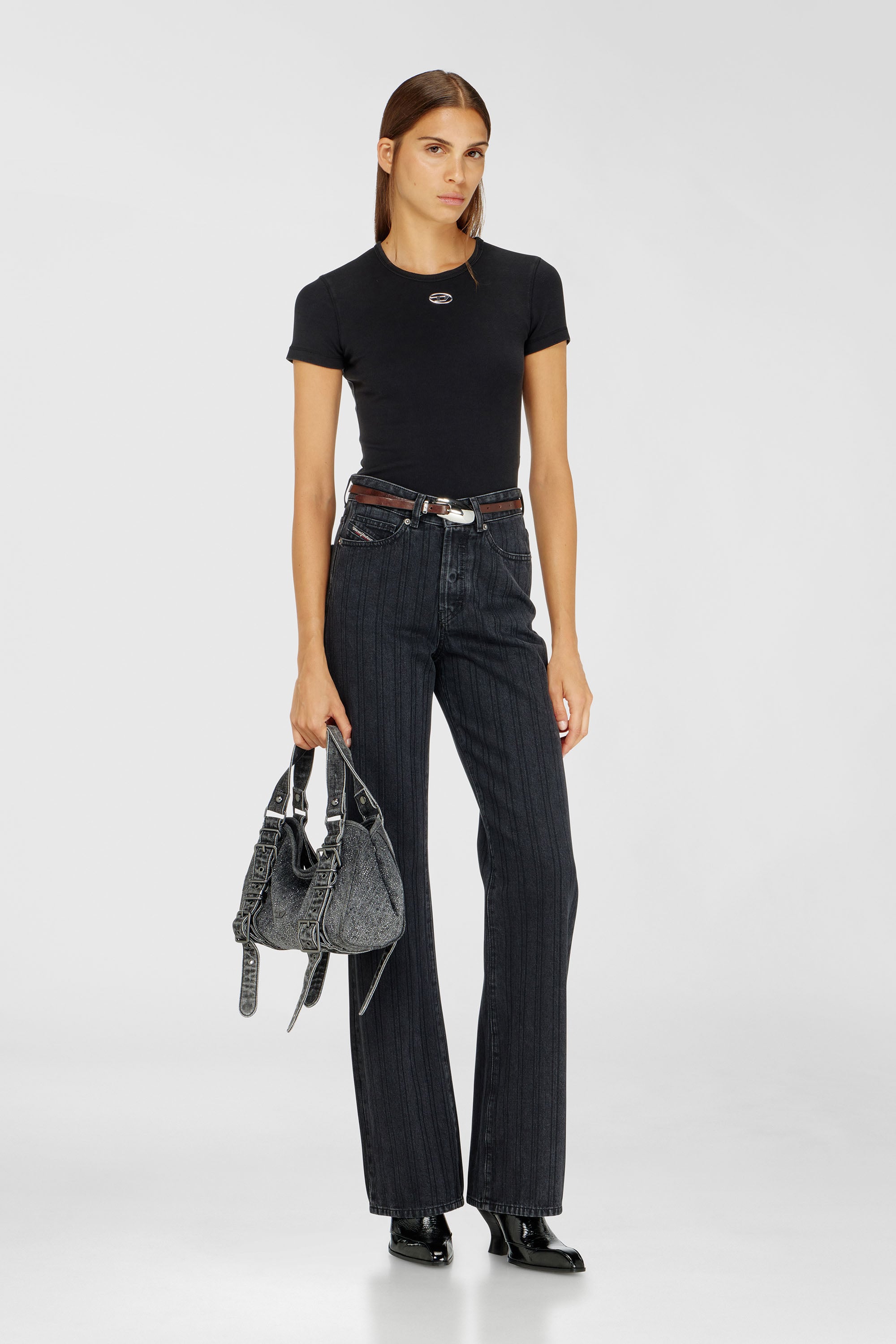 Diesel - D-ONE TOPHANDLE S, D-One-Bolso small con asa superior de denim solarizado con cristales Mujer in Negro - 3