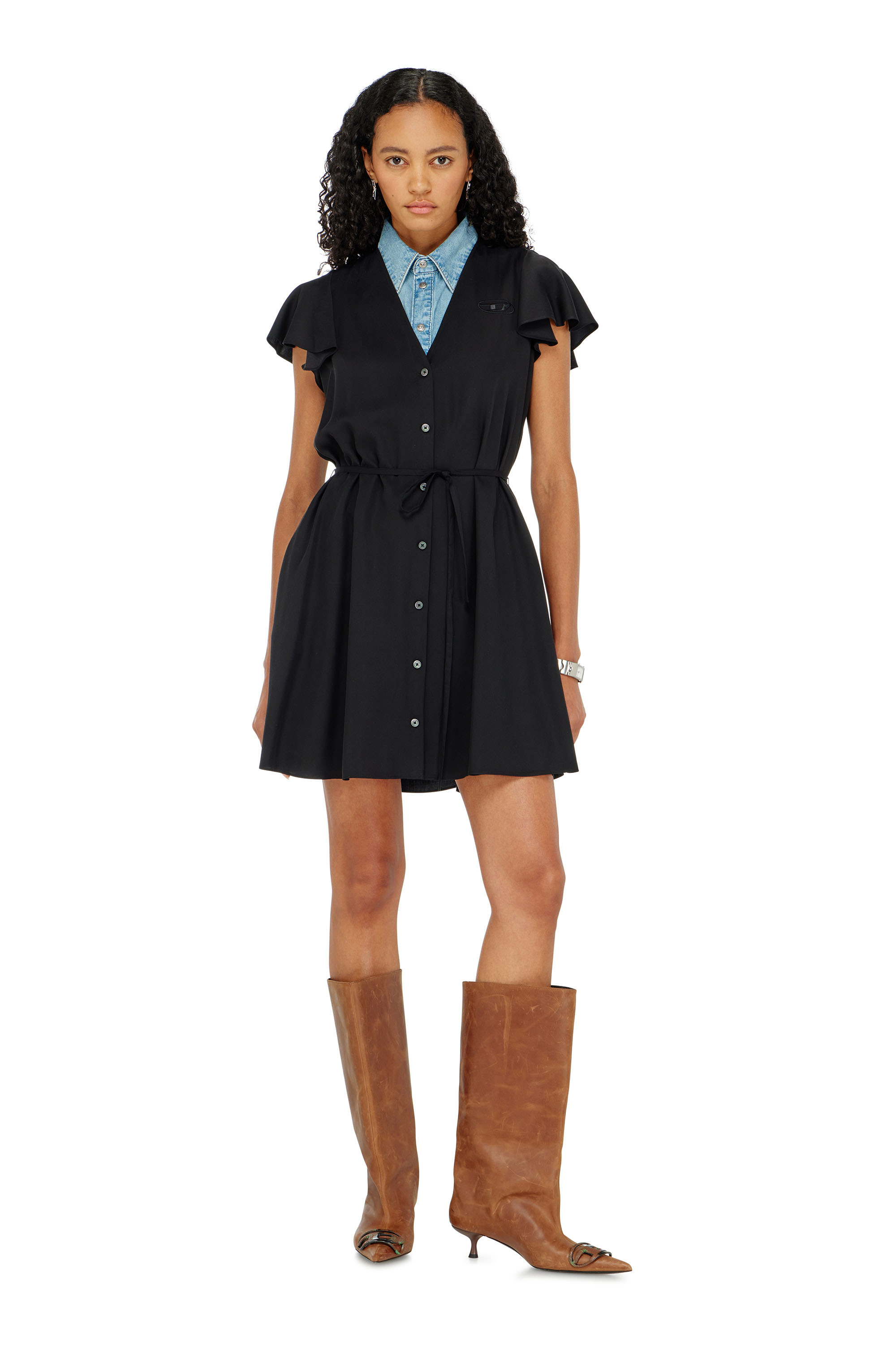 Diesel - D-AIKIRI, Vestido de cupro con escote en V y botones frontales Mujer in Negro - 3