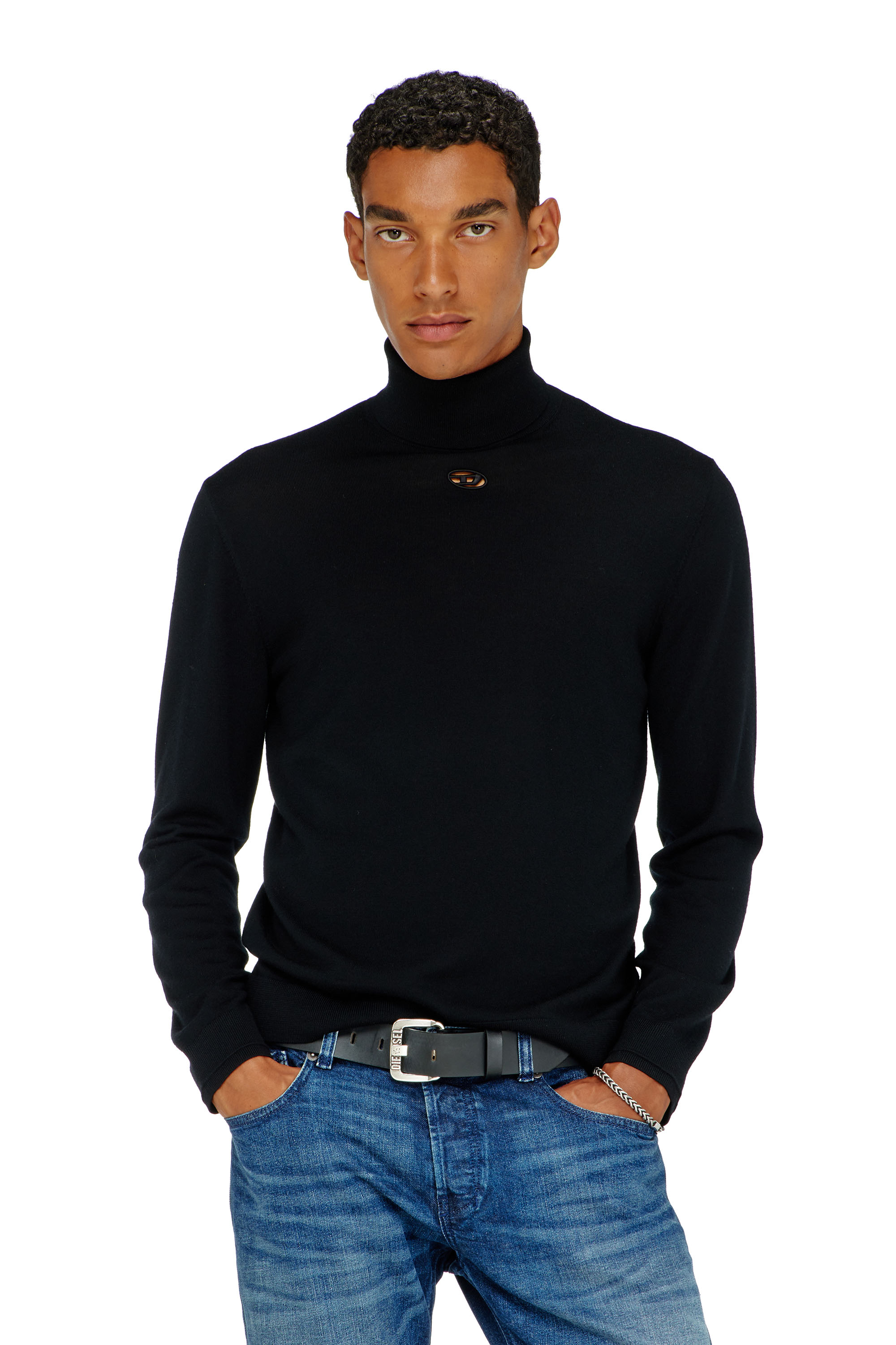 Diesel - K-VARTA, Jersey de lana con cuello alto y logotipo recortado Hombre in Negro - 1