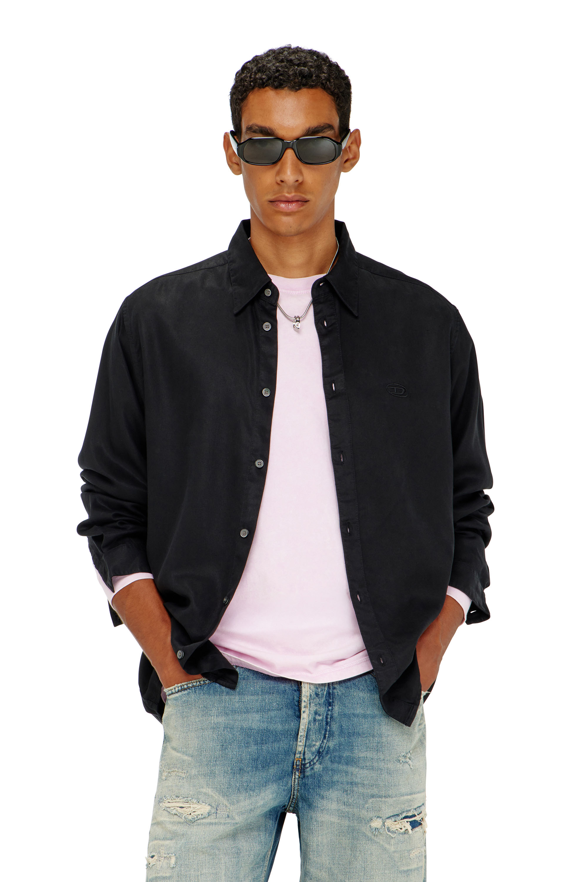 Diesel - S-SIMPLY-C, Camisa fluida con logotipo bordado Hombre in Negro - 1