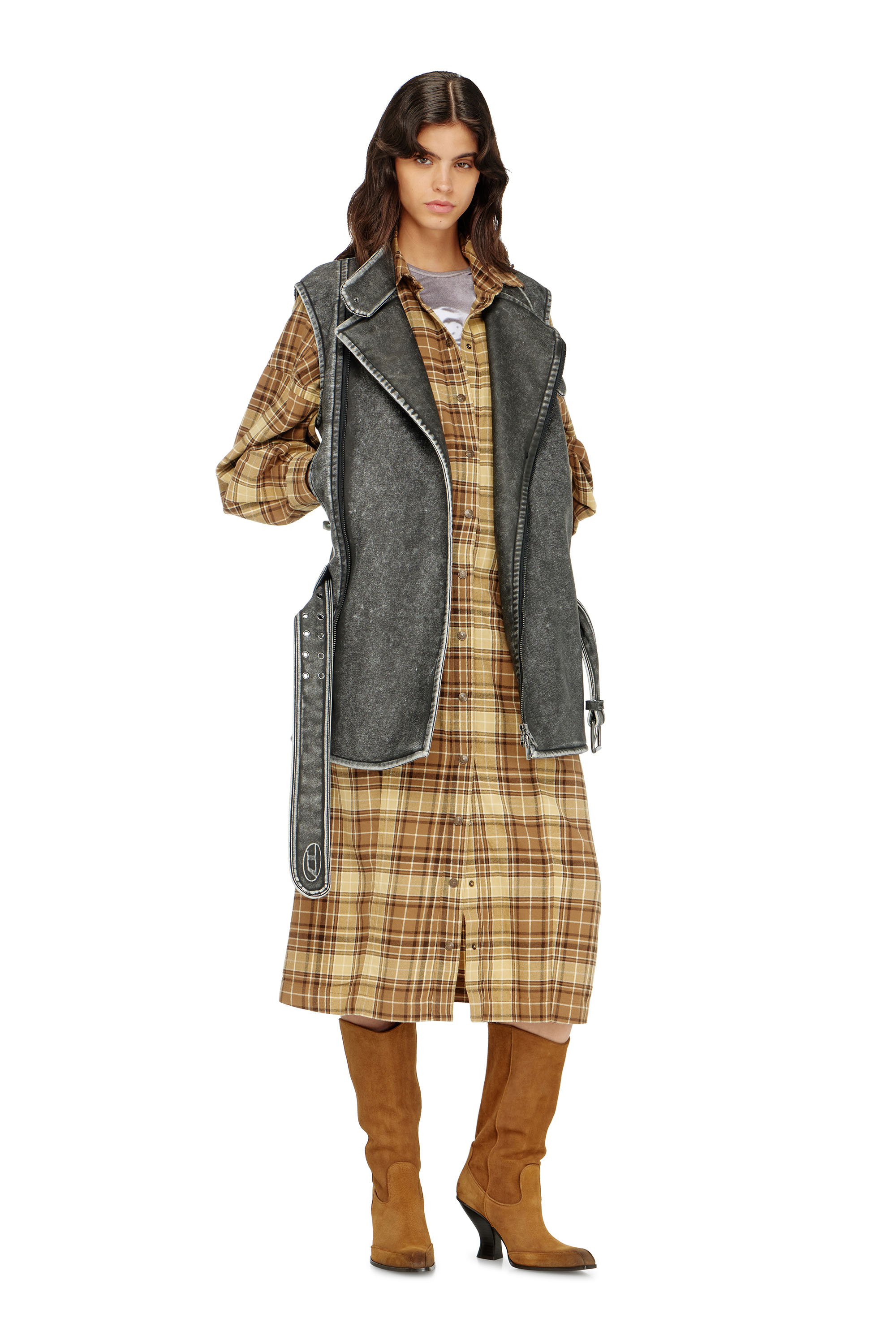 Diesel - D-EDALUS, Vestido midi de franela a cuadros con cintur&oacute;n ancho Mujer in ToBeDefined - 2