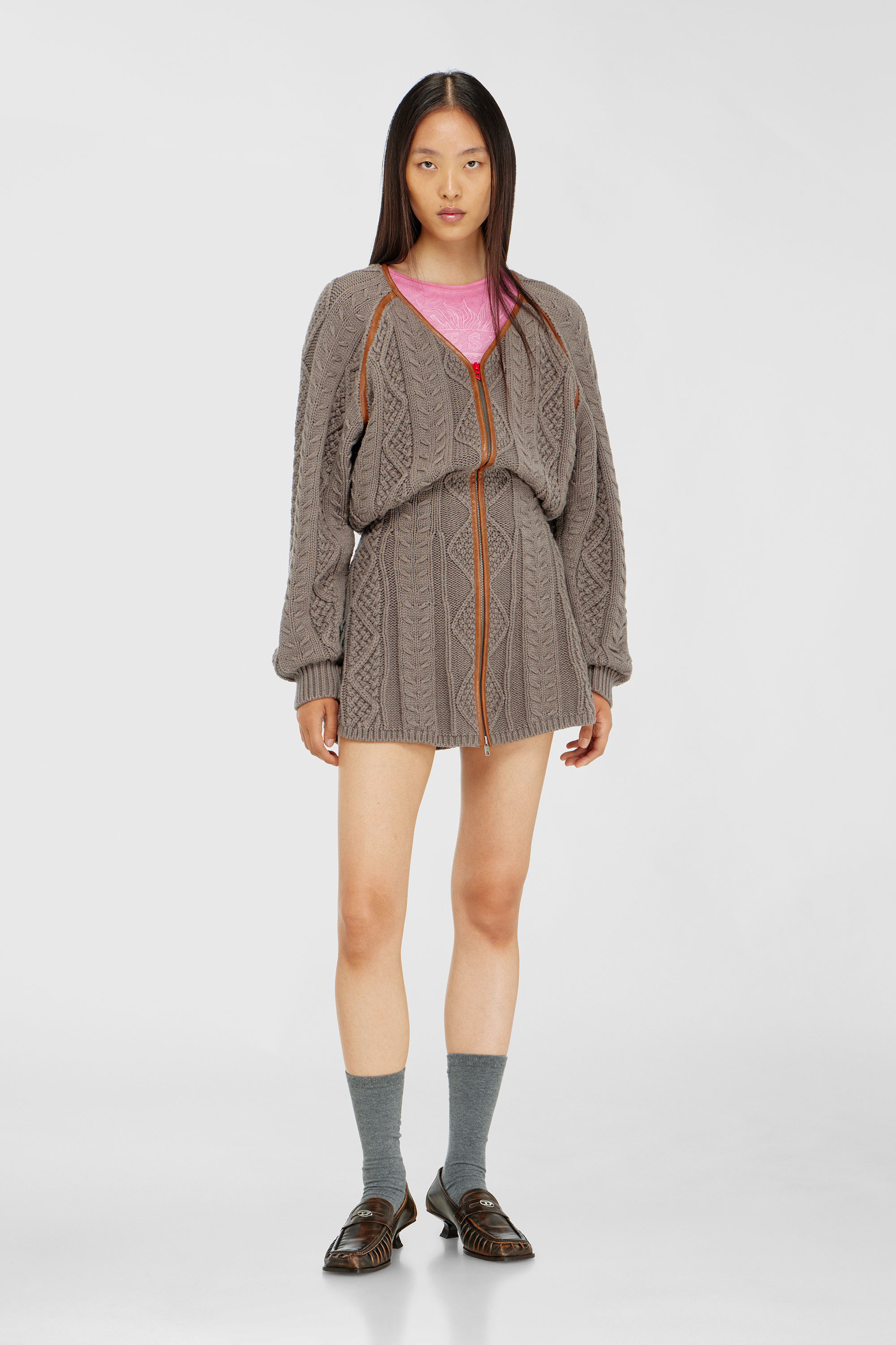 Diesel - M-INTESSE, Vestido mini tipo c&aacute;rdigan de punto trenzado Mujer in Gris - 1