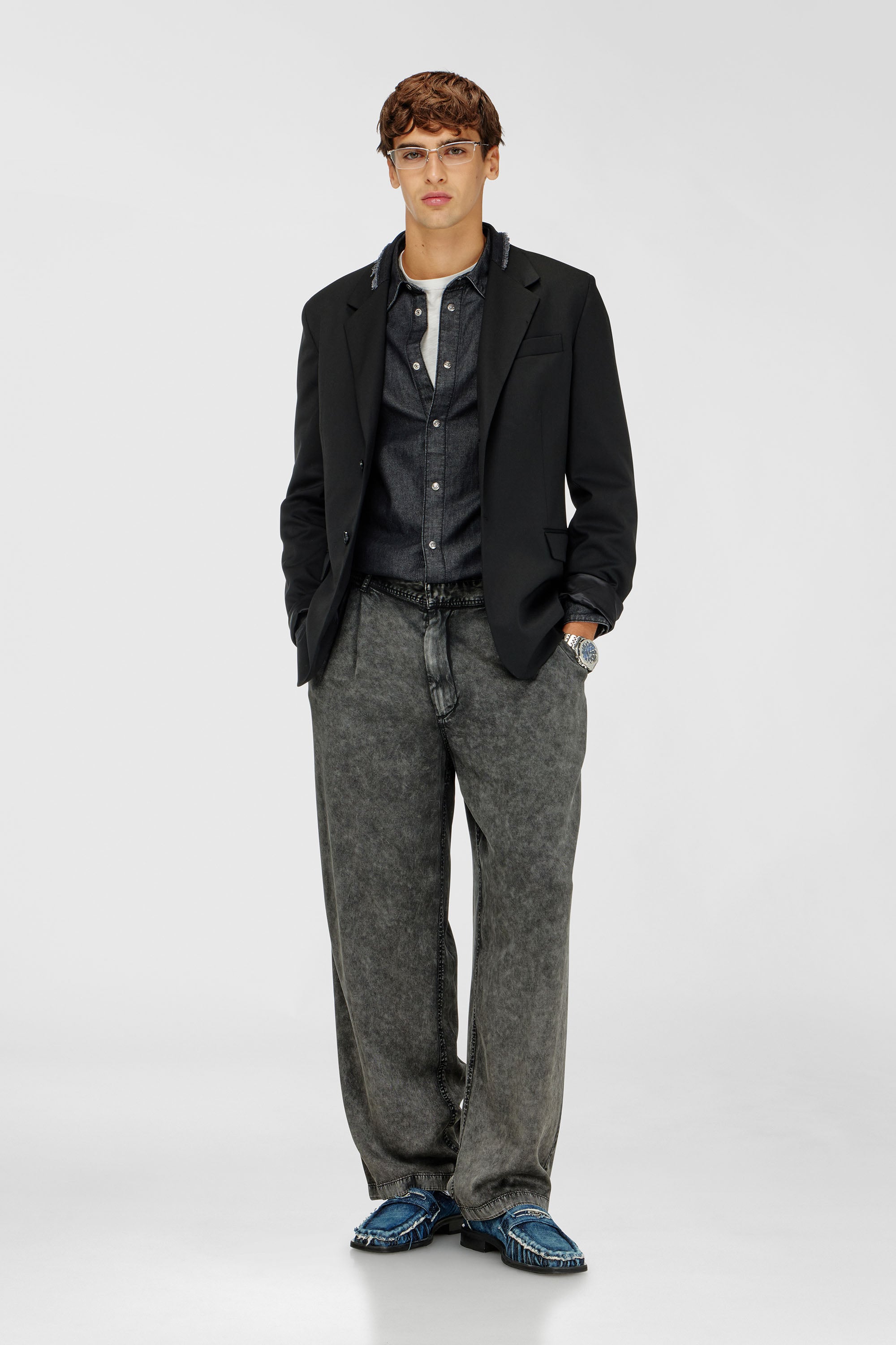 Diesel - P-FAUST-NIBC, Pantal&oacute;n wide leg de viscosa efecto denim Hombre in Gris - 1