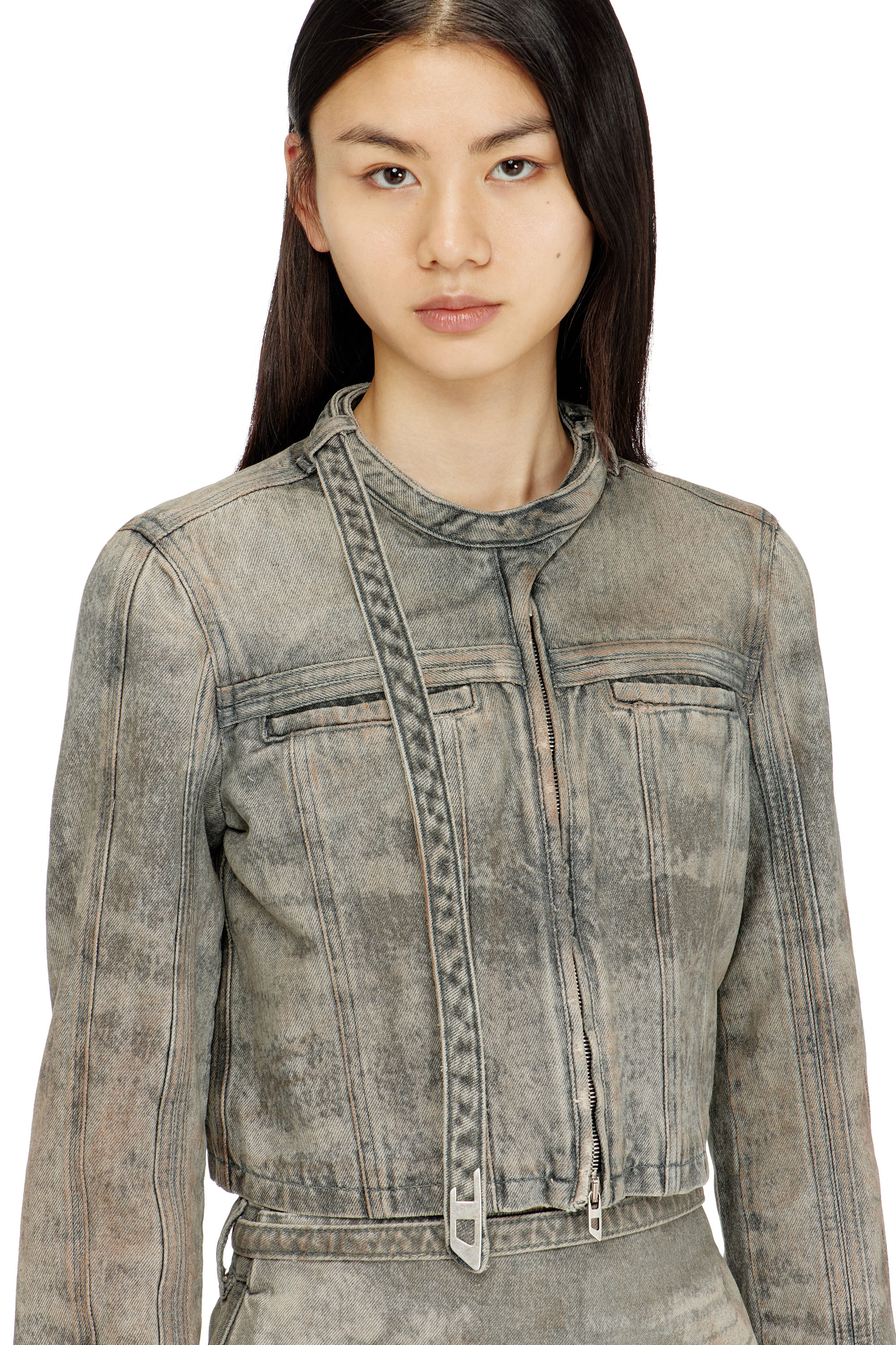 Diesel - DE-SAPHIX-FSI1, Chaqueta corta de sat&eacute;n denim de algod&oacute;n y c&aacute;&ntilde;amo Mujer in Gris - 5