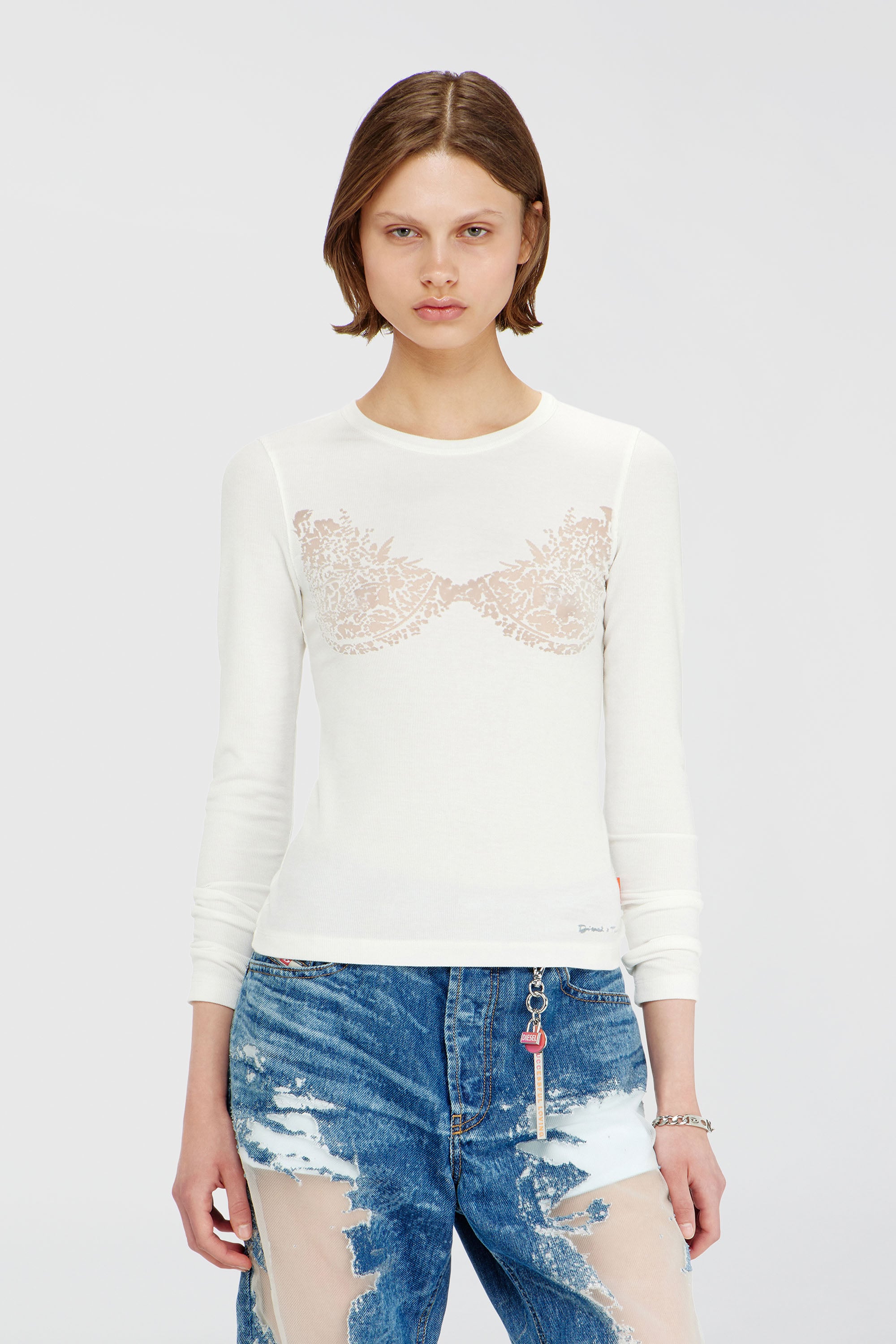 Diesel - PR-T-MOKKI-LS-R, Top con efecto de encaje devor&eacute; Mujer in Blanco - 2