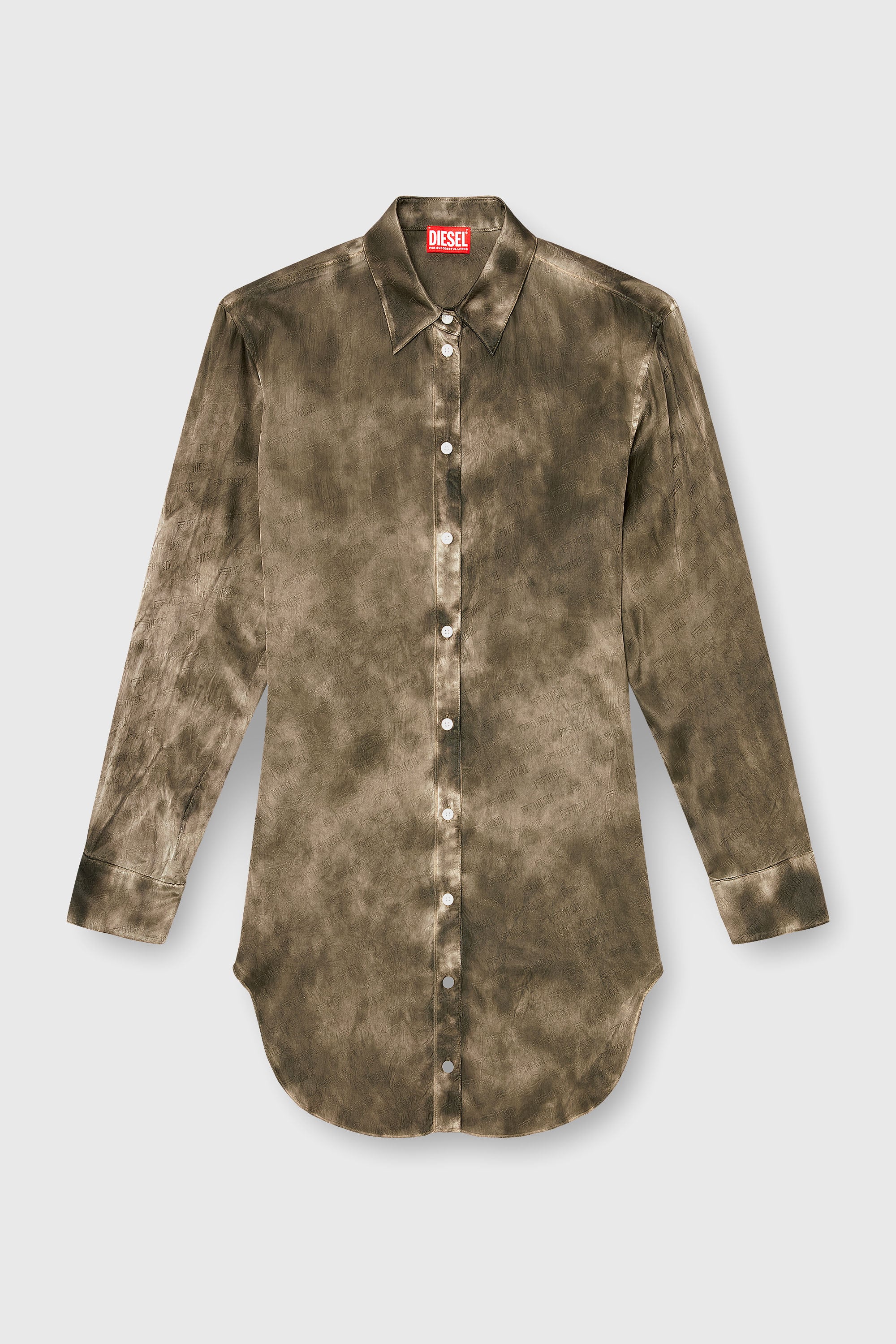 Diesel - C-LAVEL, Camisa larga de sat&eacute;n arrugado jacquard con logo Mujer in Verde - 2