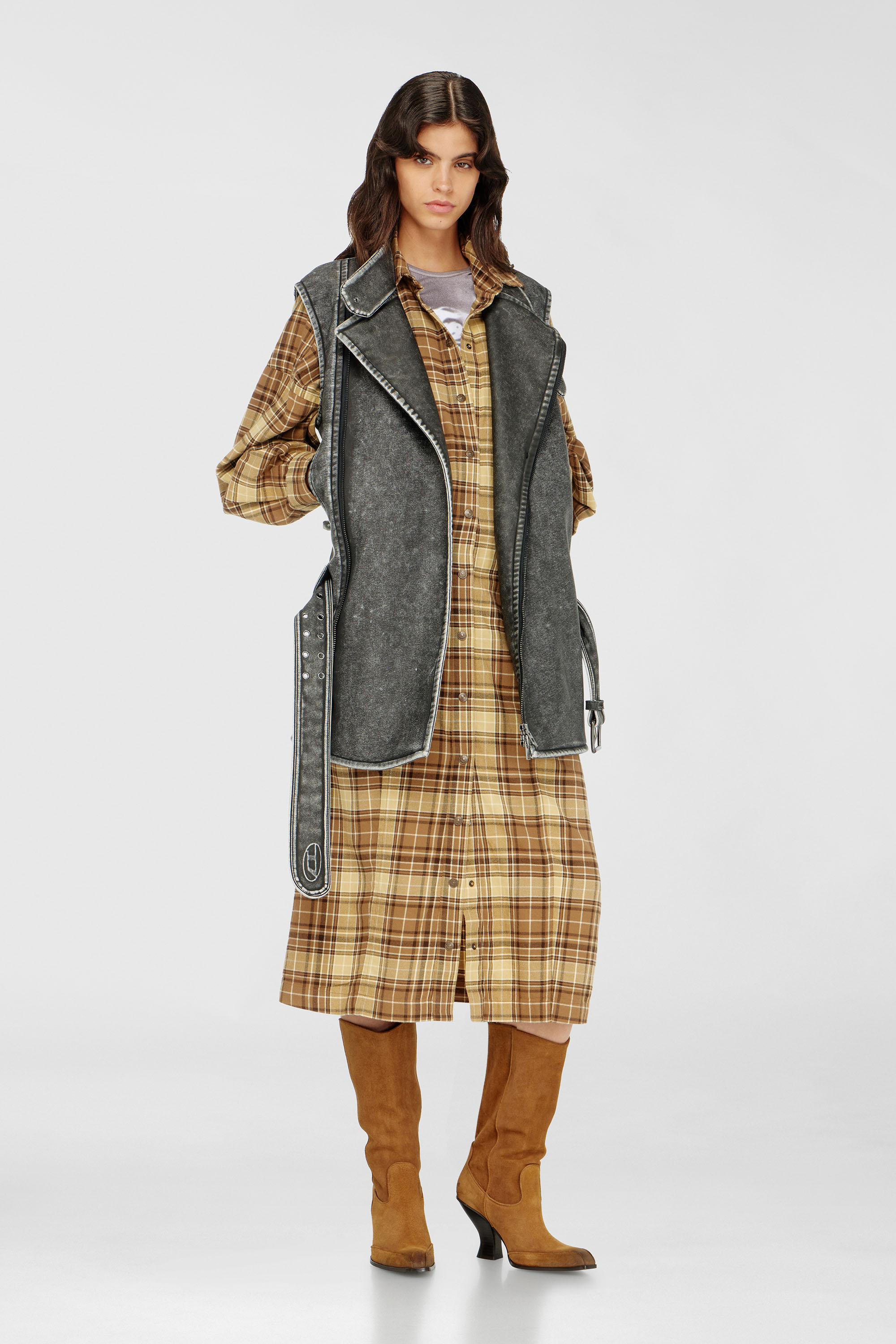 Diesel - D-EDALUS, Vestido midi de franela a cuadros con cintur&oacute;n ancho Mujer in Multicolor - 2