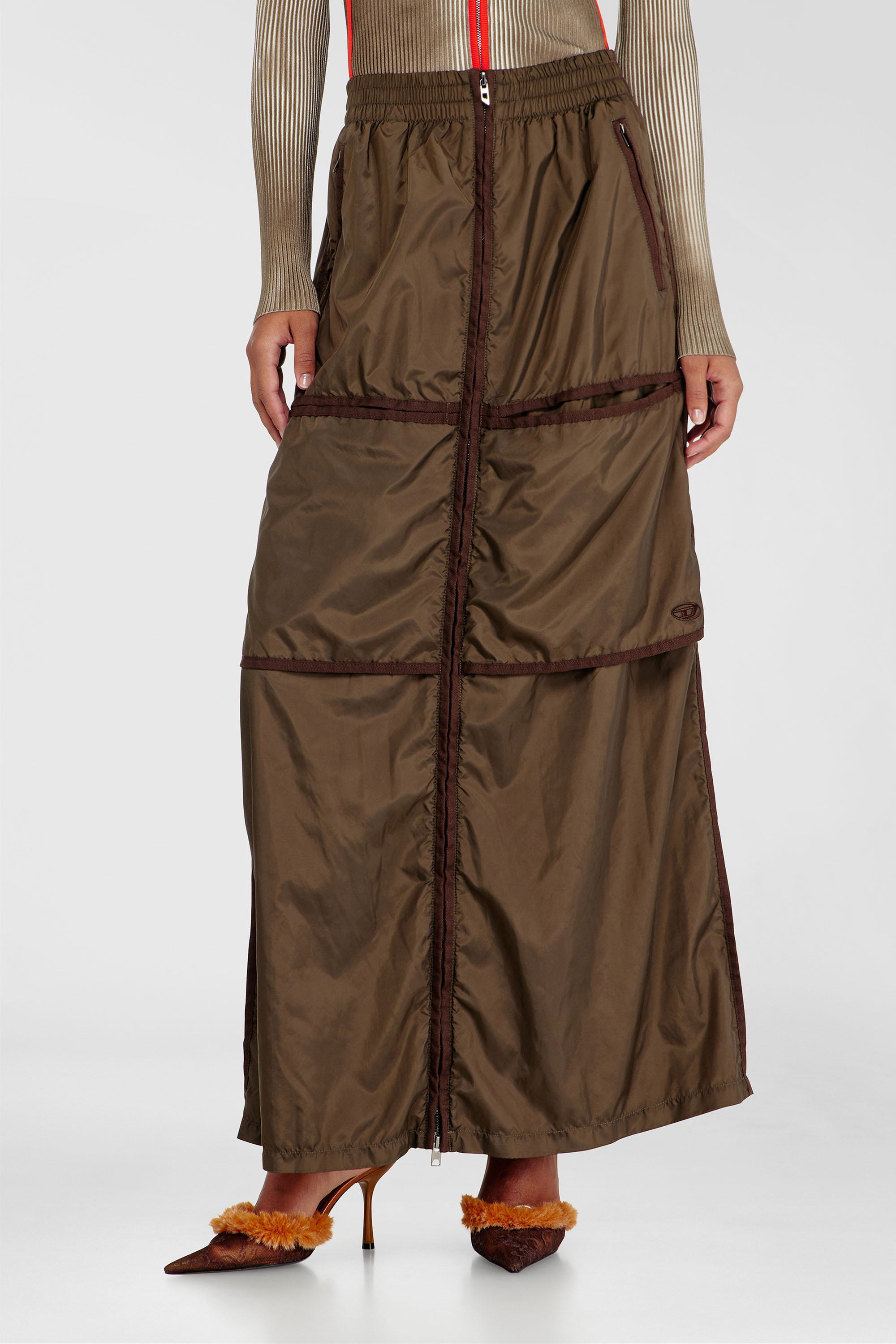 Diesel - O-HYTON, Falda maxi tipo windbreaker con cremallera frontal Mujer in Marr&oacute;n - 1