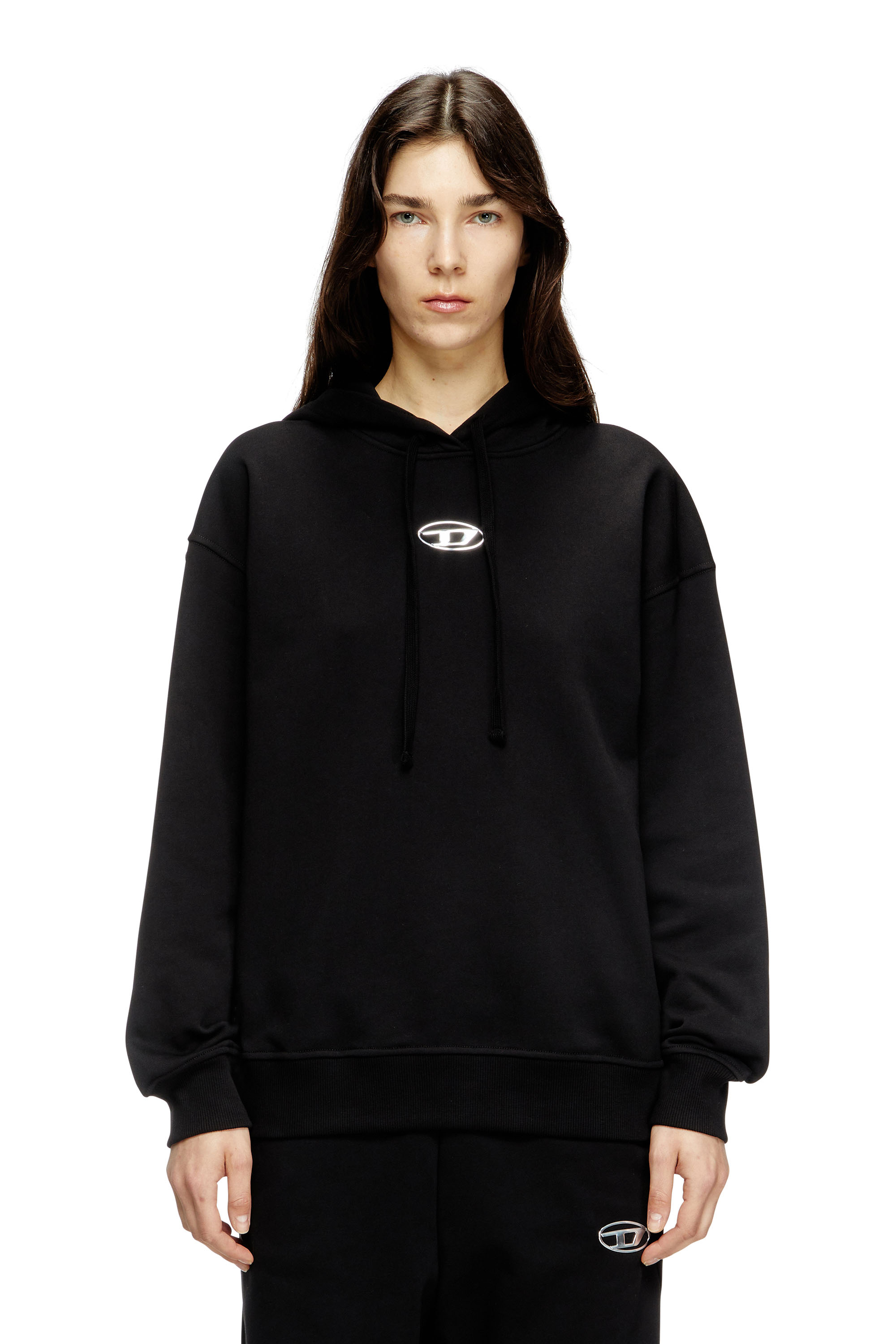 Diesel - F-BUXT-HOOD-OD, Sudadera con capucha con logotipo Oval D de efecto metálico Mujer in Negro - 1