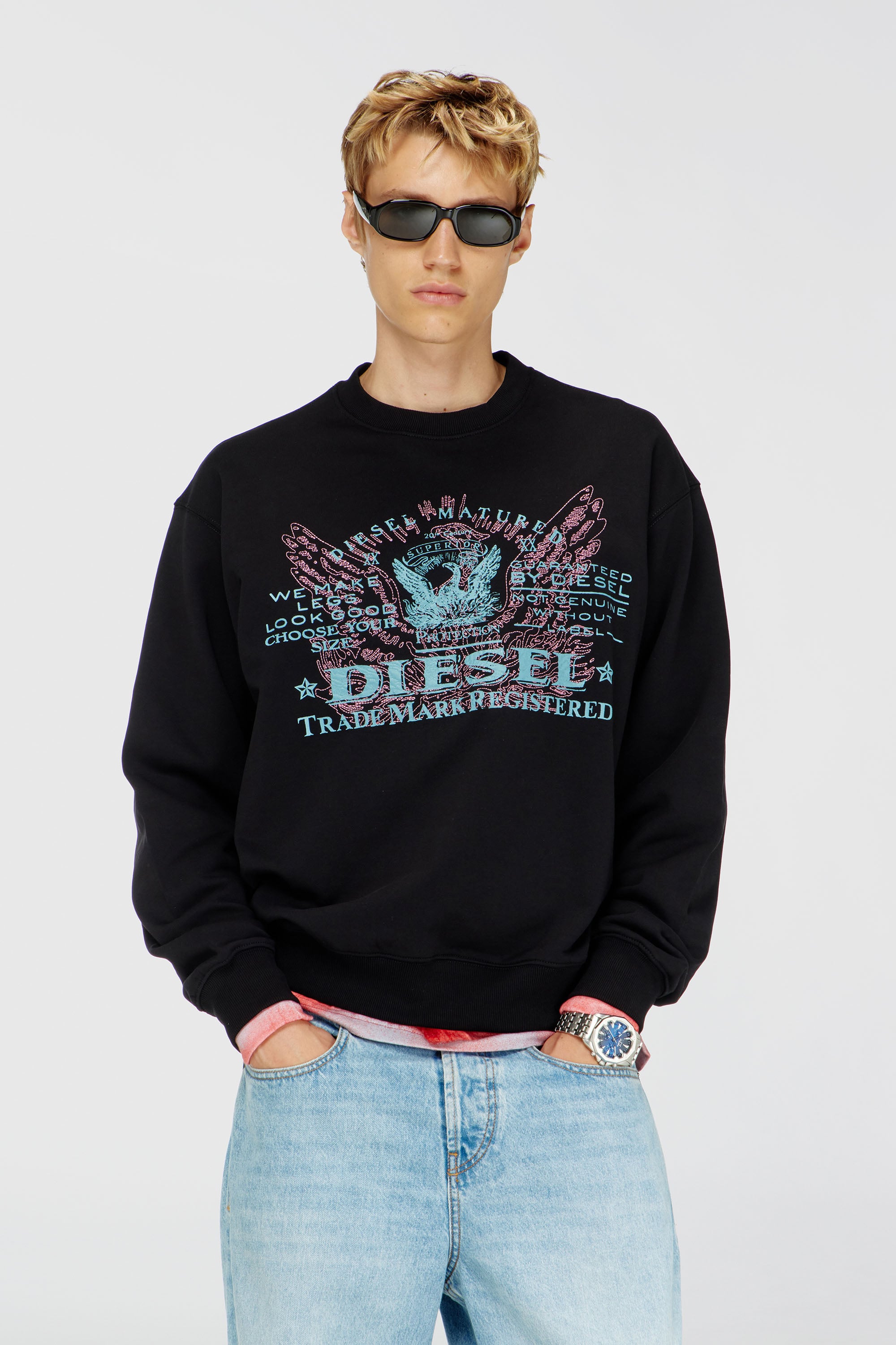 Diesel - S-LUK-R-FEN-T92, Sudadera de algod&oacute;n con estampado gr&aacute;fico Hombre in Negro - 1