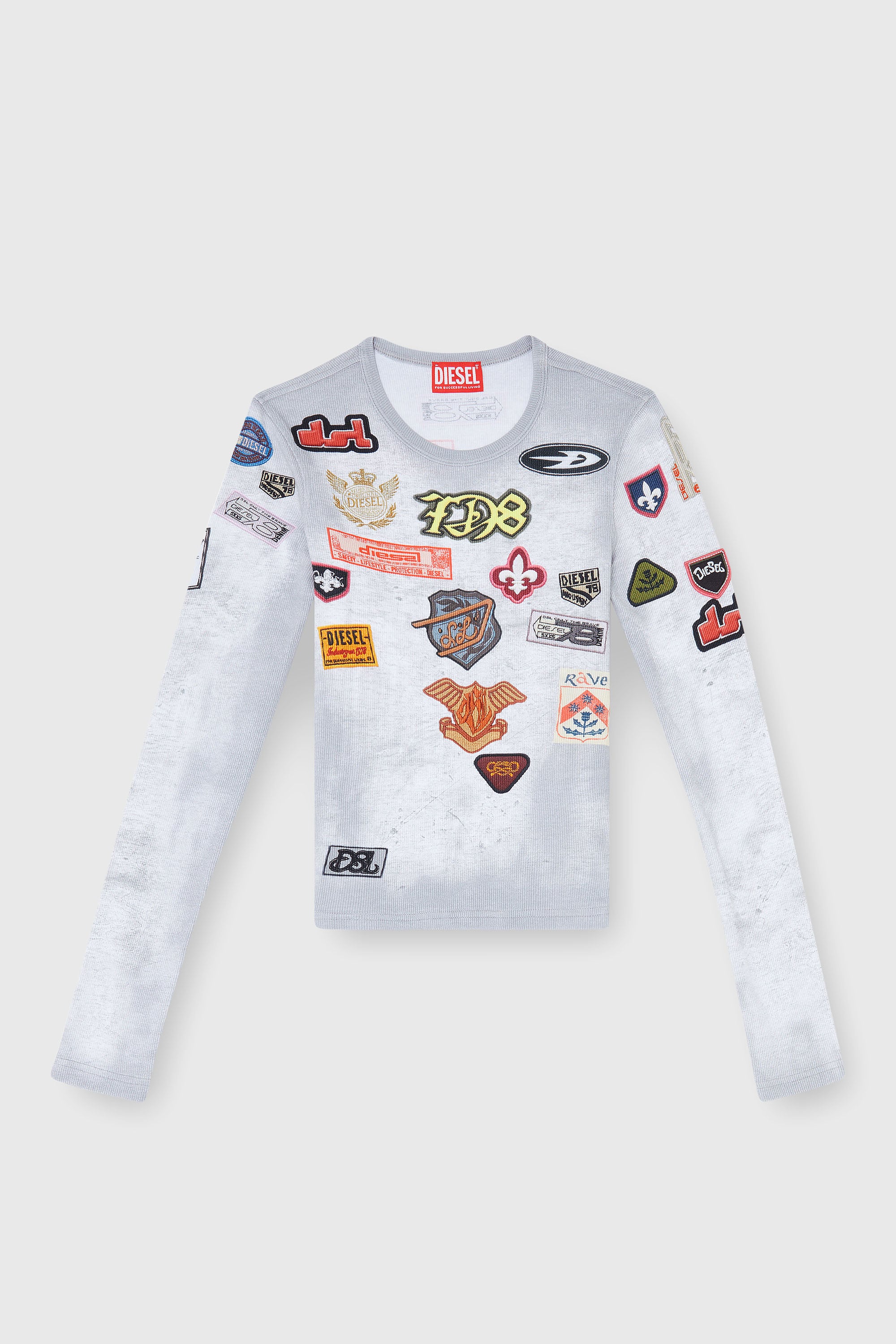 Diesel - T-ELE-LONGSLEEVE, Top de punto canal&eacute; con estampado patch all-over Mujer in Blanco - 2
