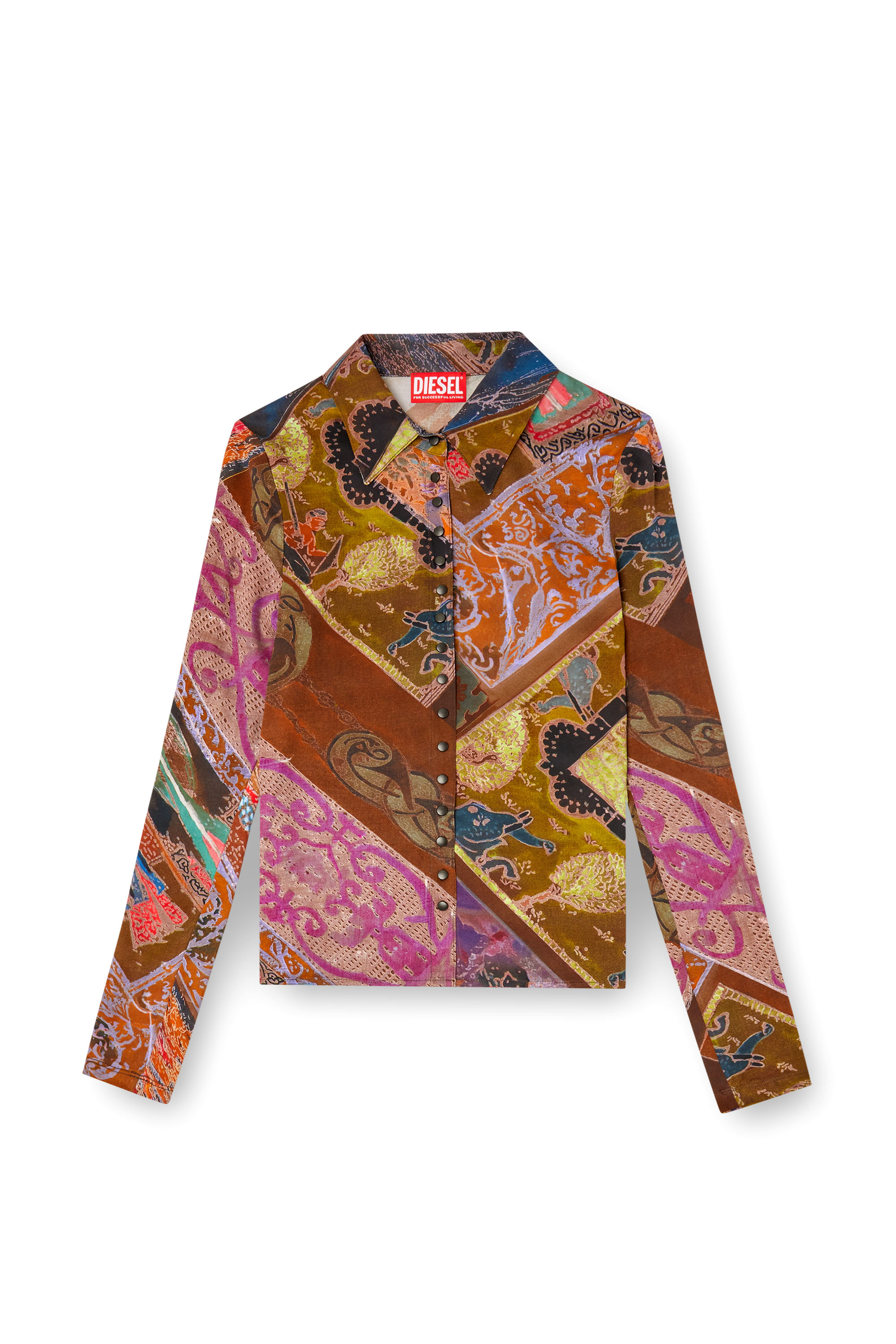 Diesel - C-AMELIA, Camisa de viscosa elástica con estampado heráldico Mujer in Marrón - 3