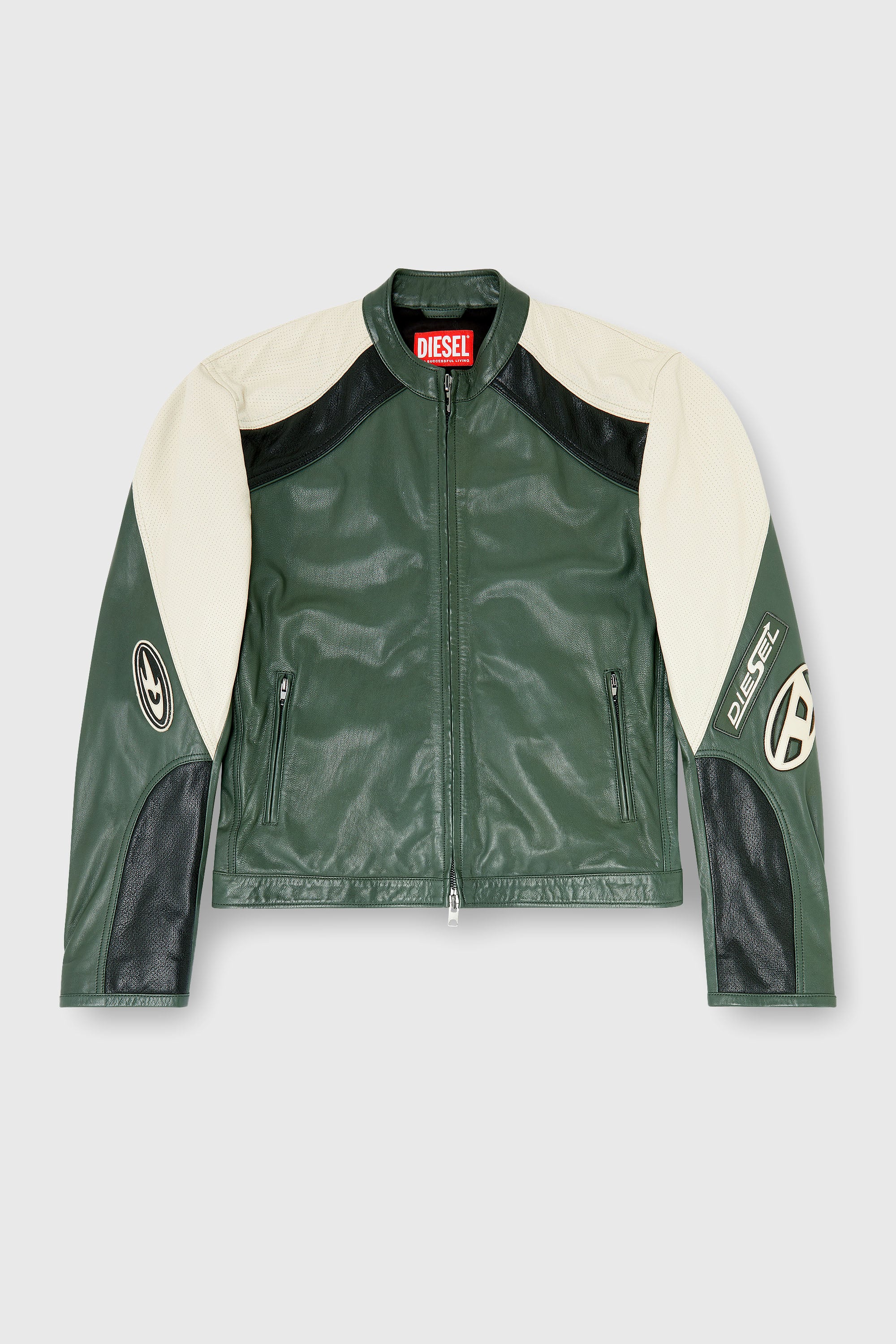 Diesel - L-AHTI, Cazadora biker de piel perforada en bloques de color Hombre in Multicolor - 2