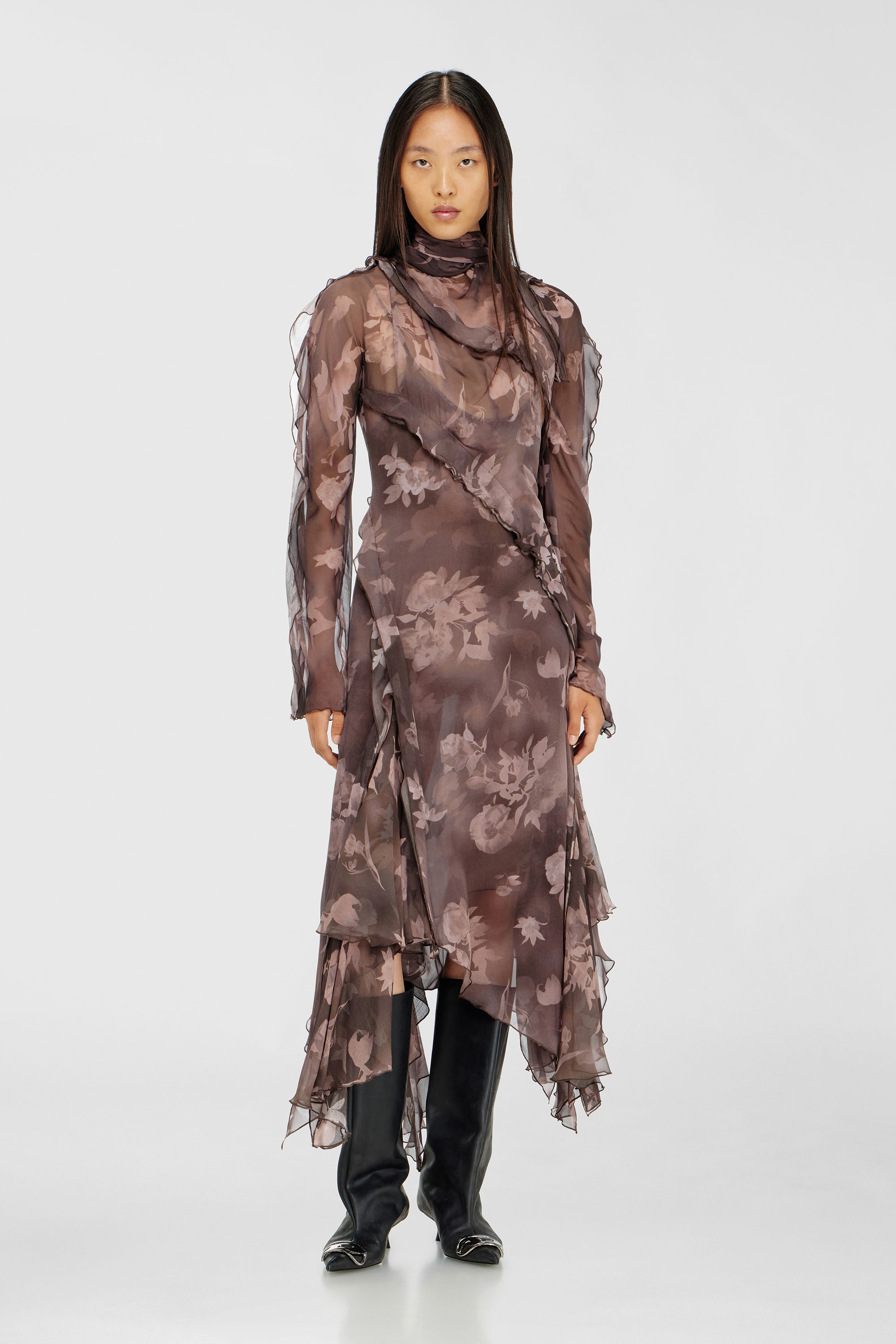 Diesel - D-RIADI, Vestido midi asim&eacute;trico de gasa y crep&eacute; de seda Mujer in Marr&oacute;n - 1