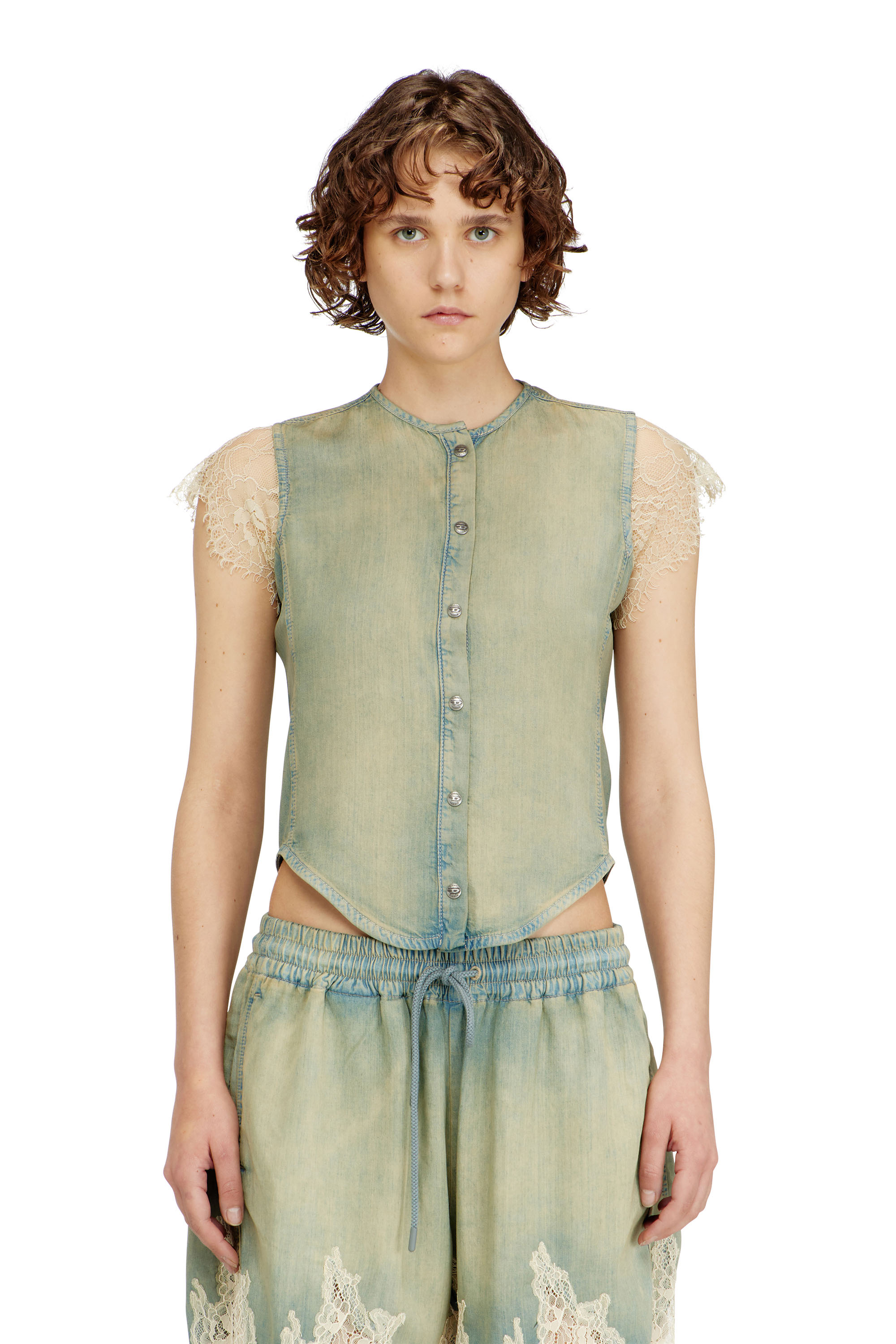 Diesel - DE-MALKA-S, Camisa de manga corta en denim y encaje Mujer in ToBeDefined - 1