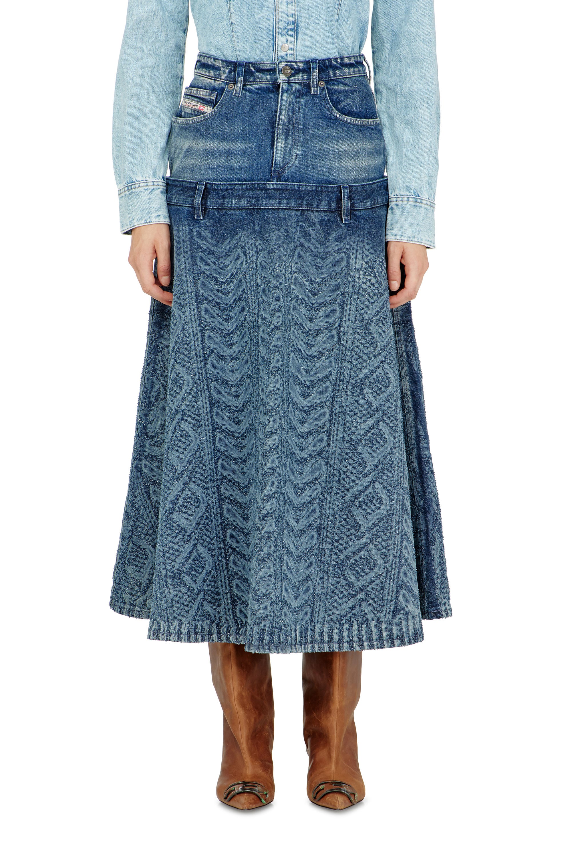 Diesel - DE-VORYA-S1, Falda midi de denim con efecto punto trenzado Mujer in Azul marino - 2