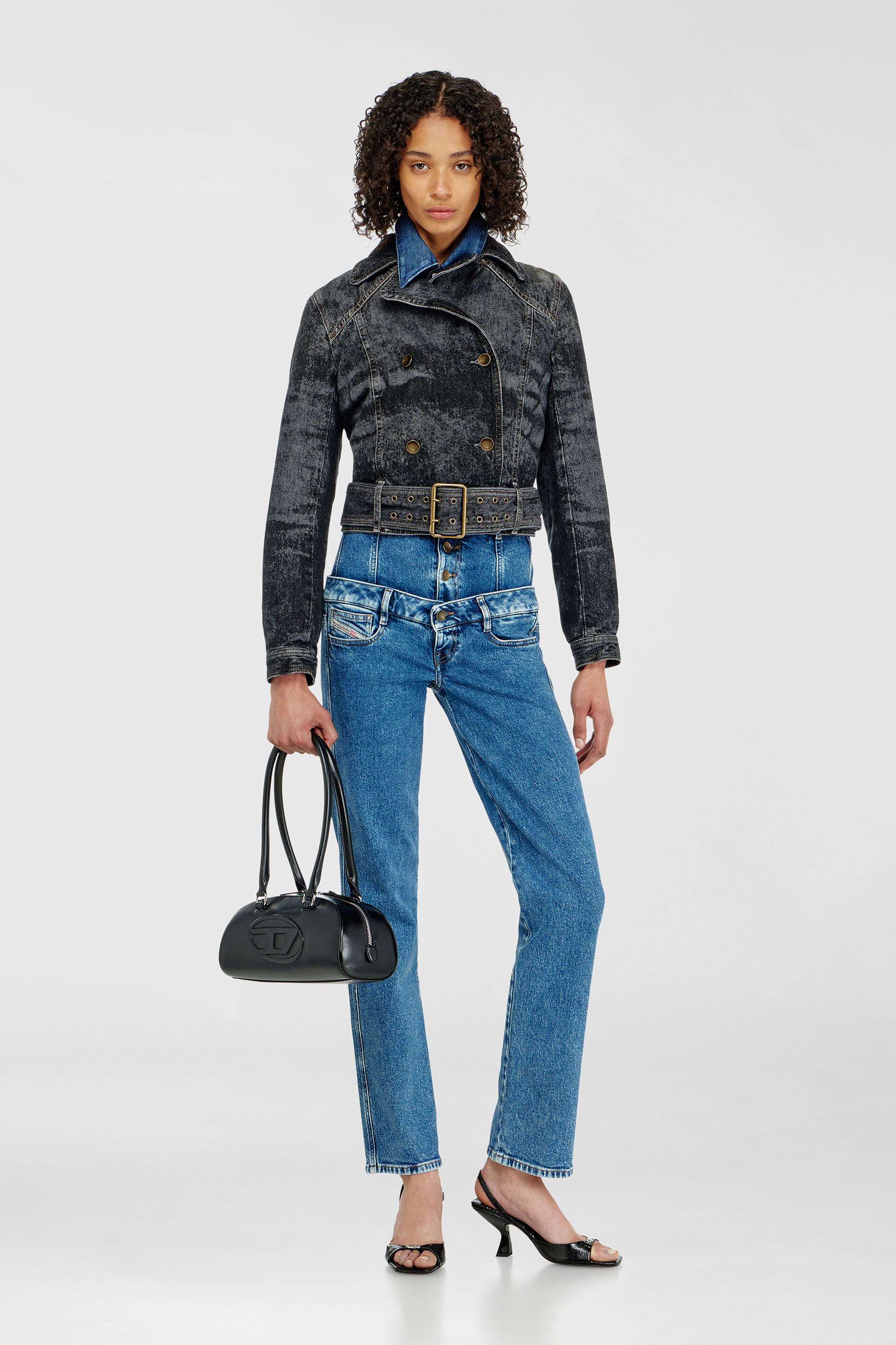 Diesel - DE-LEGEND-S, Chaqueta denim cropped con cintur&oacute;n Mujer in Negro - 1