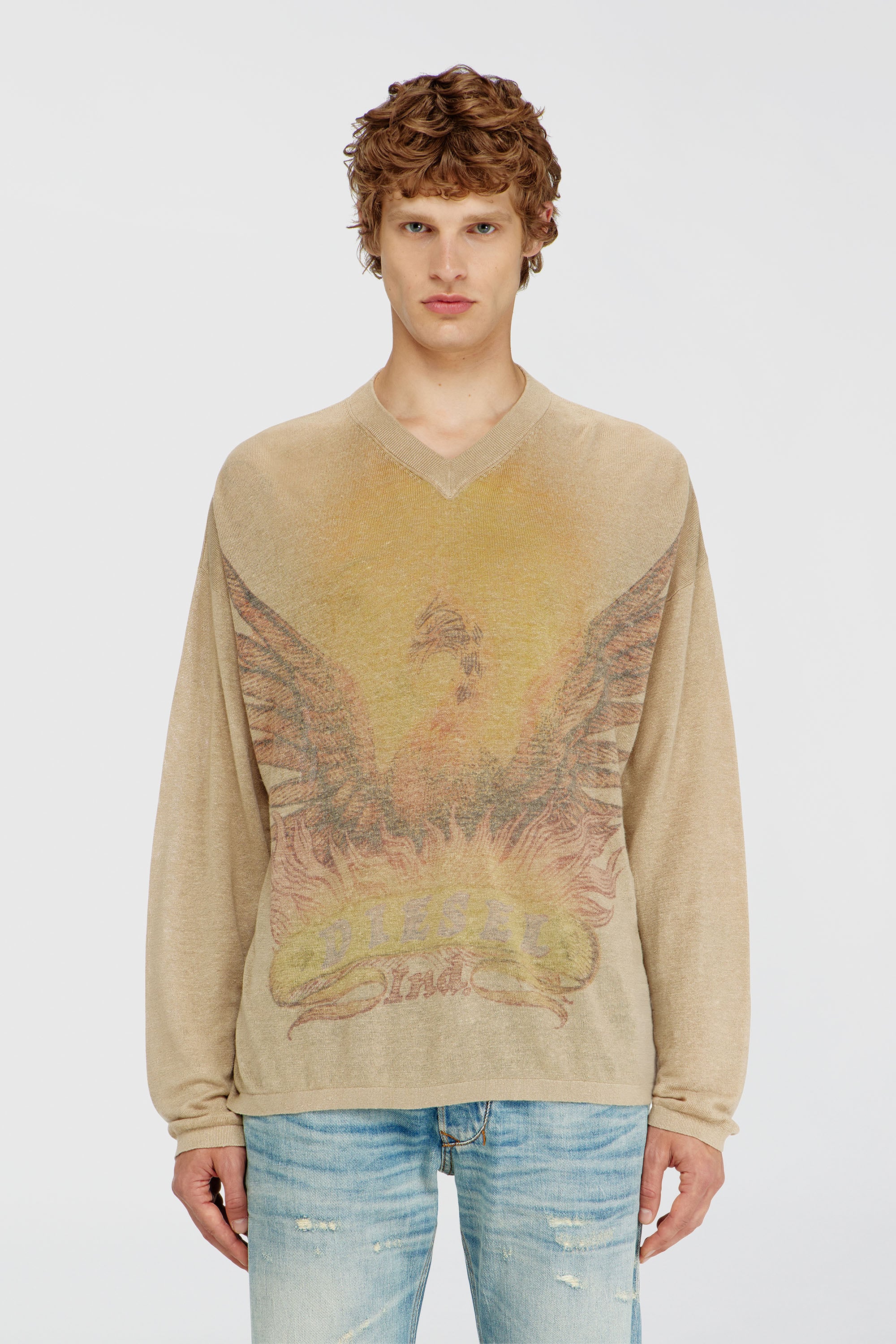 Diesel - K-ARMINS, Jersey de lino con estampado Phoenix desgastado Hombre in Beige - 1