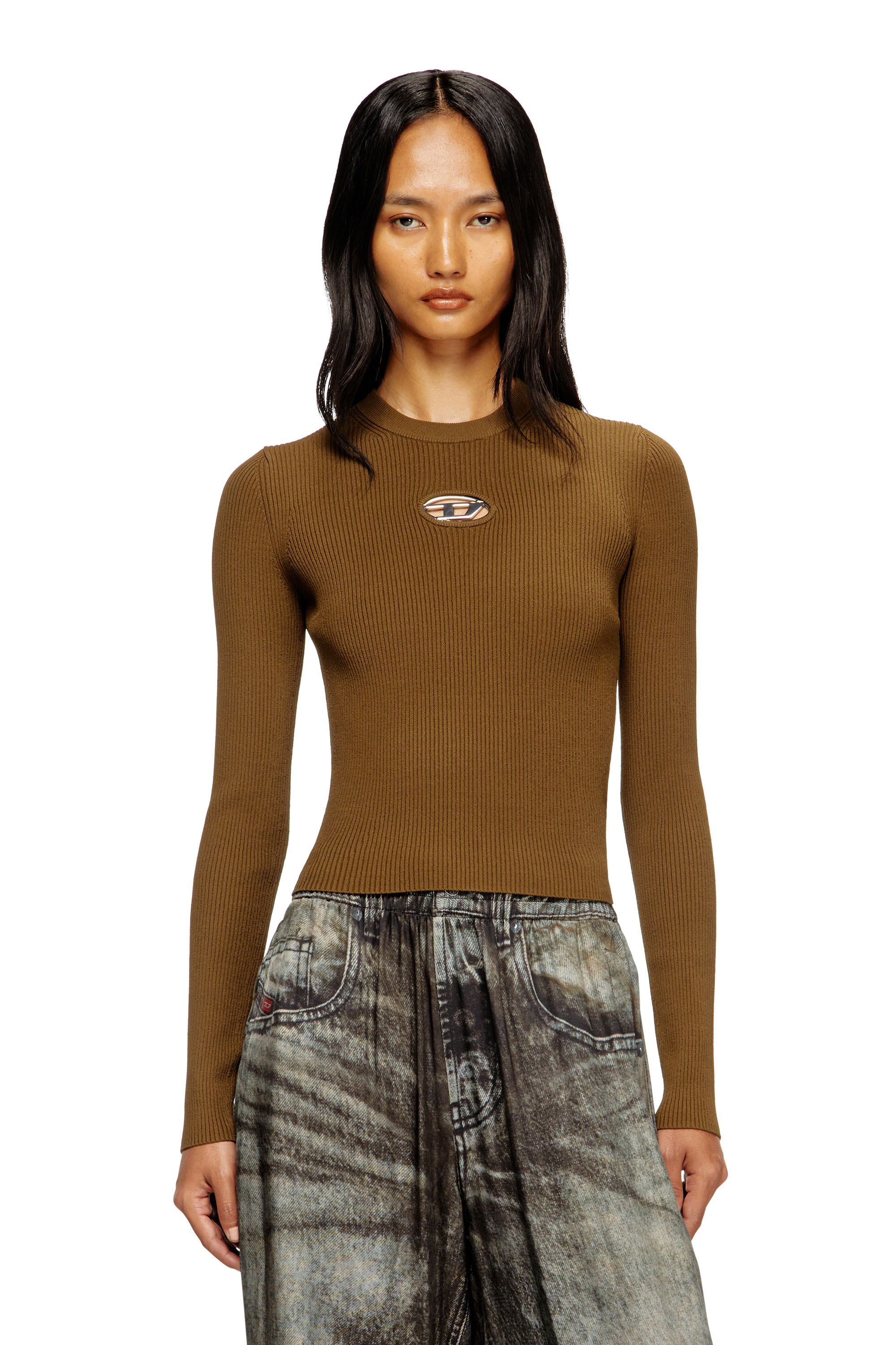 Diesel - M-VALARI, Top de mezcla de viscosa tejido en canalé con Oval D Mujer in Verde - 1