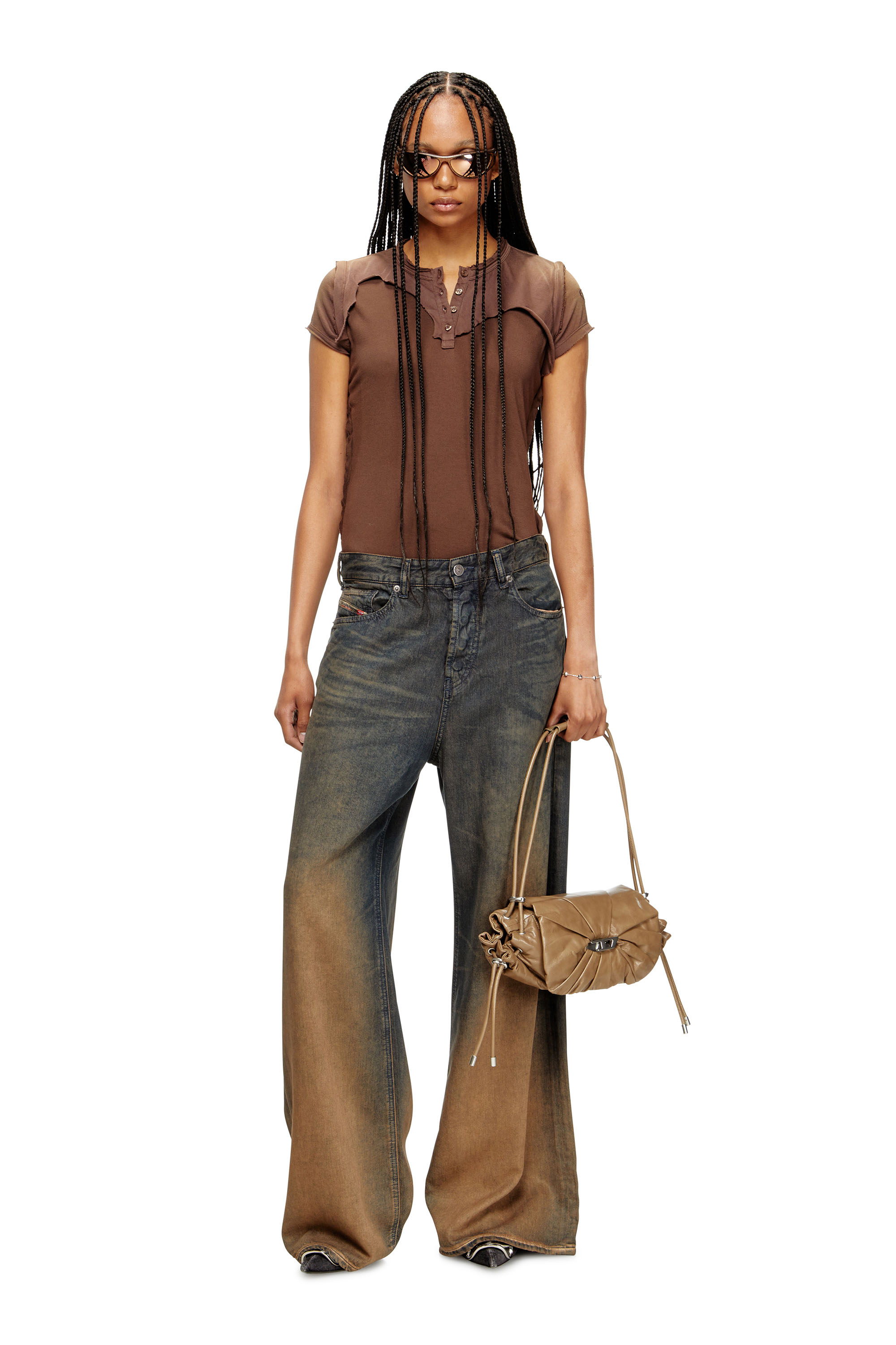 Diesel - T-UNRAWY, Camiseta abotonada con efecto despegado Mujer in Marrón - 2