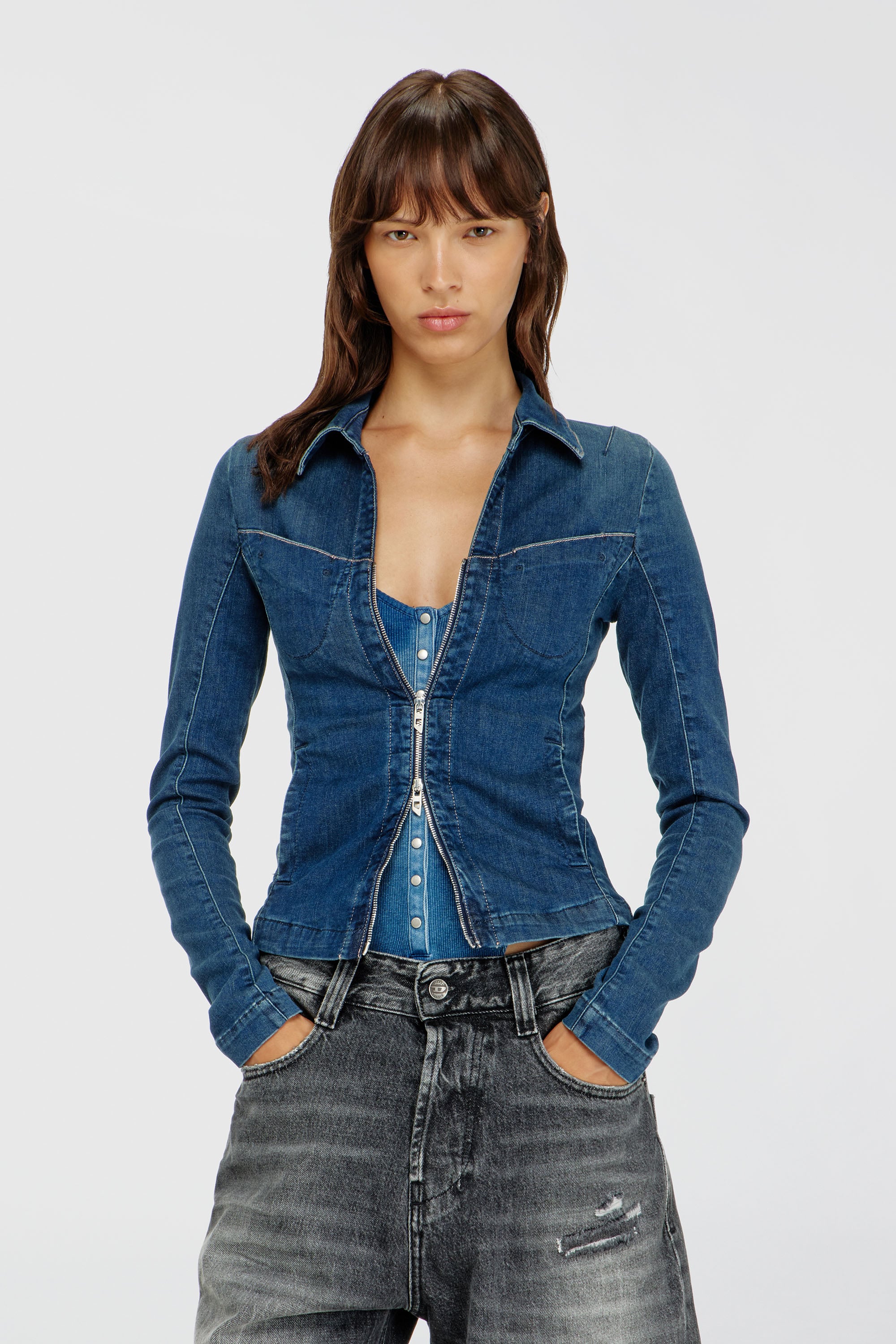 Diesel - DE-QUINOR-S1, Camisa con cremallera completa en denim Mujer in Azul marino - 1