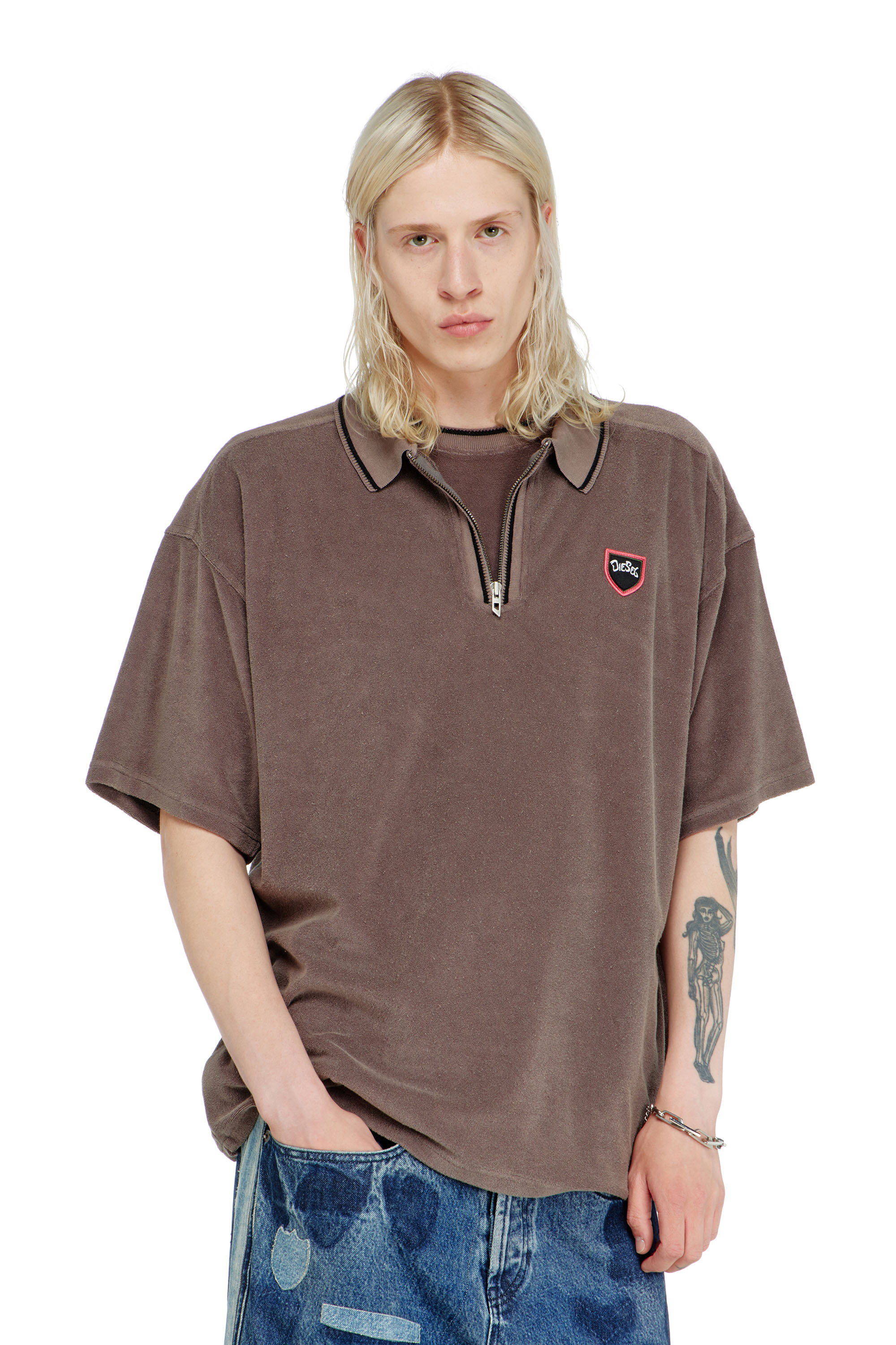 Diesel - T-SPONGY-ZIP, Polo de chenilla con patch de escudo Hombre in Marr&oacute;n - 1