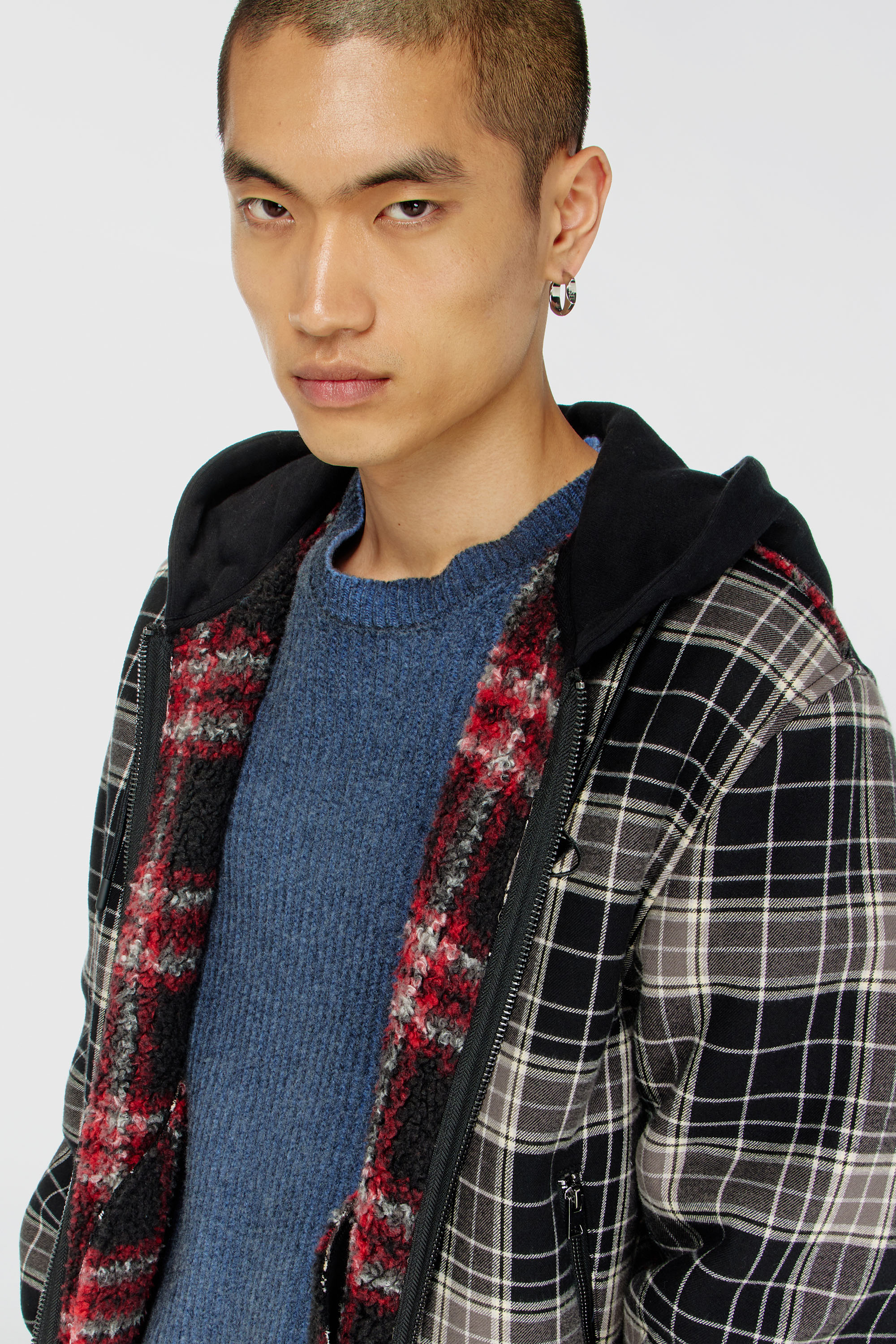 Diesel - W-KUNST, Chaqueta bomber de franela a cuadros con interior teddy Hombre in Multicolor - 5
