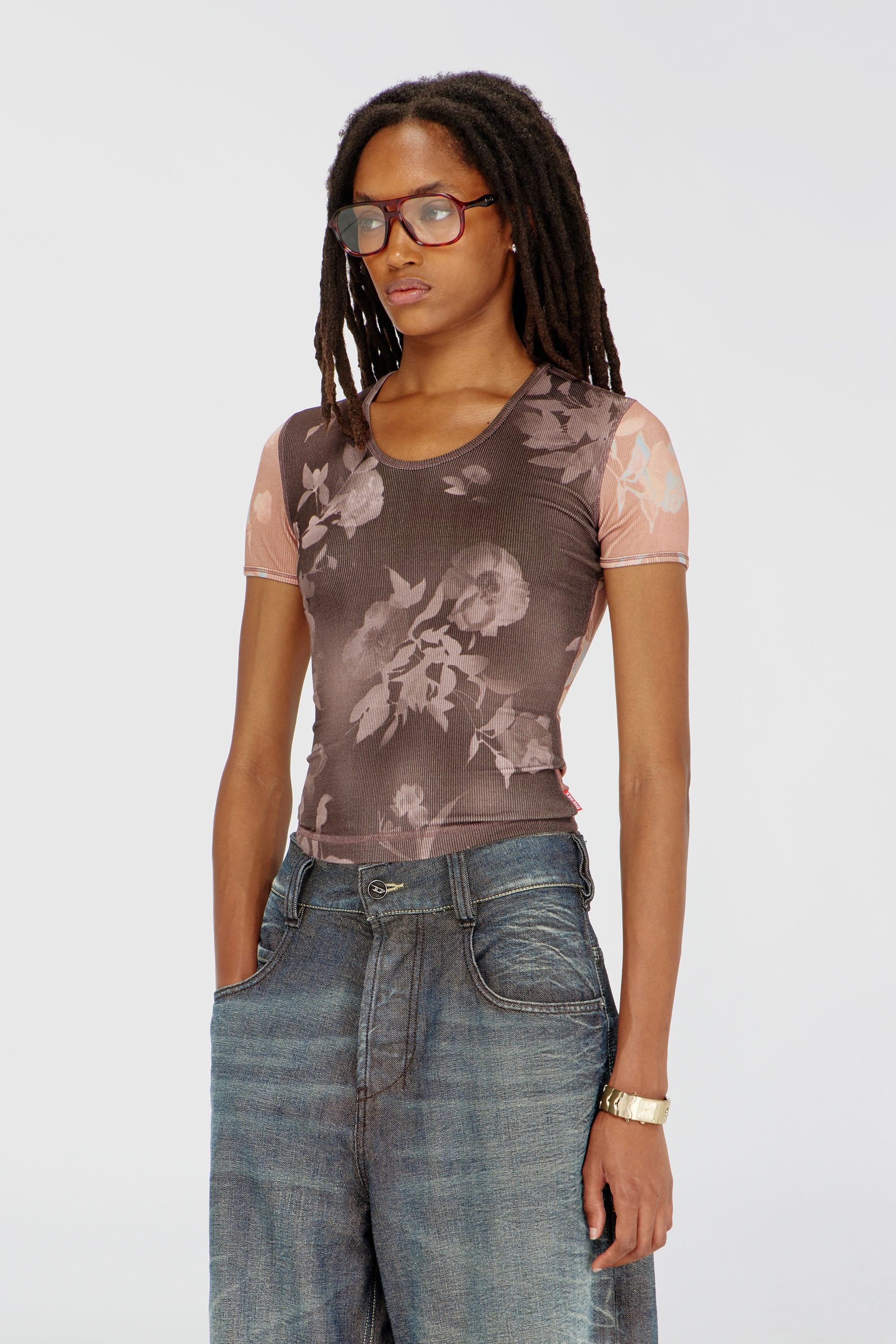 Diesel - T-ELENEWU, Top de punto acanalado con estampado floral Mujer in Multicolor - 1