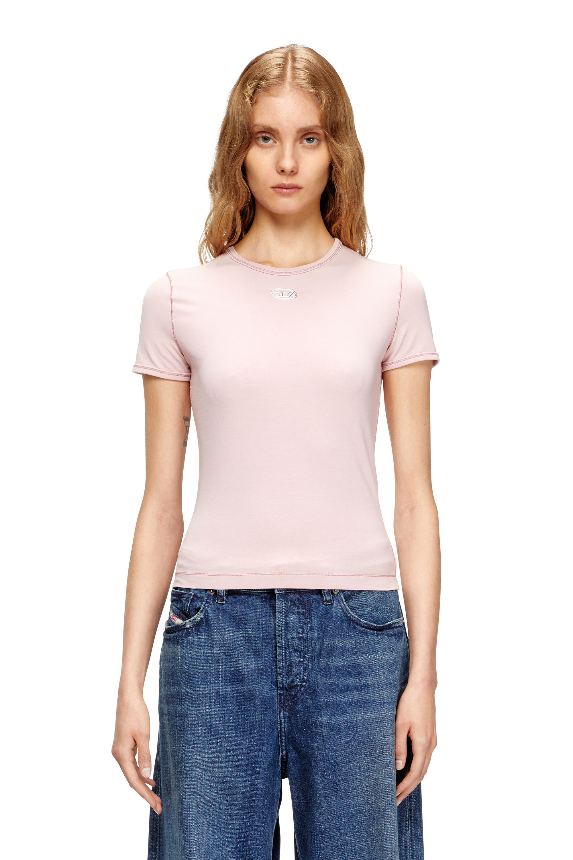 Diesel - T-UNCUTIESLONG-OD, Slim-fit T-shirt with metallic Oval D Mujer in Rosa - 1