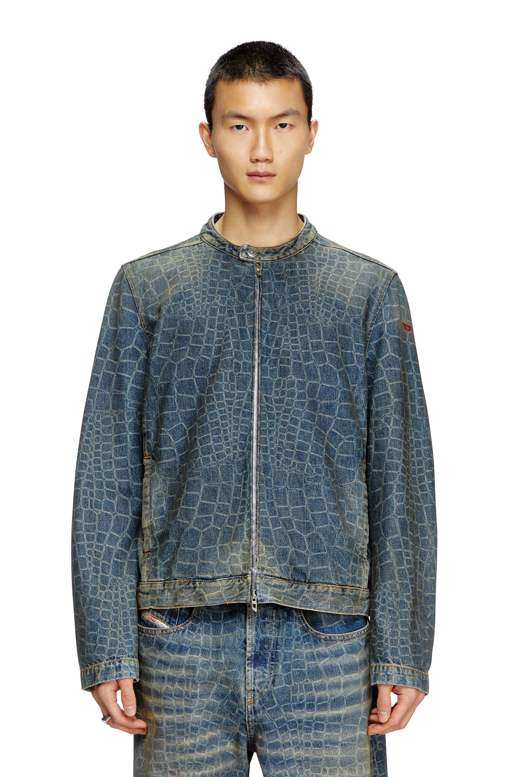 Diesel - CL-D-GLORY-SNAKE, Man's Moto jacket in snake-print denim in Dark Blue - 1