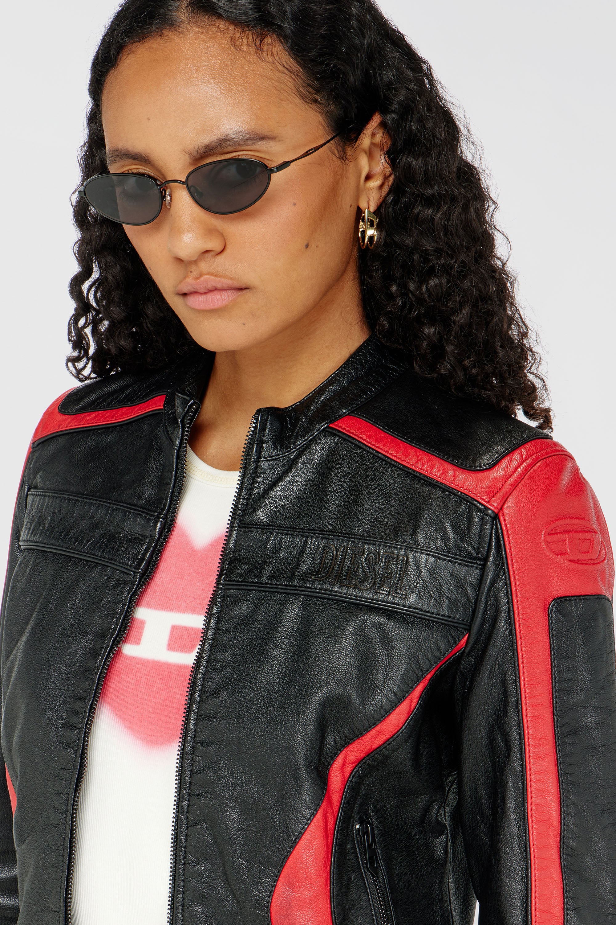 Diesel - L-OVABLE, Chaqueta biker de cuero en bloques de color Mujer in Multicolor - 5