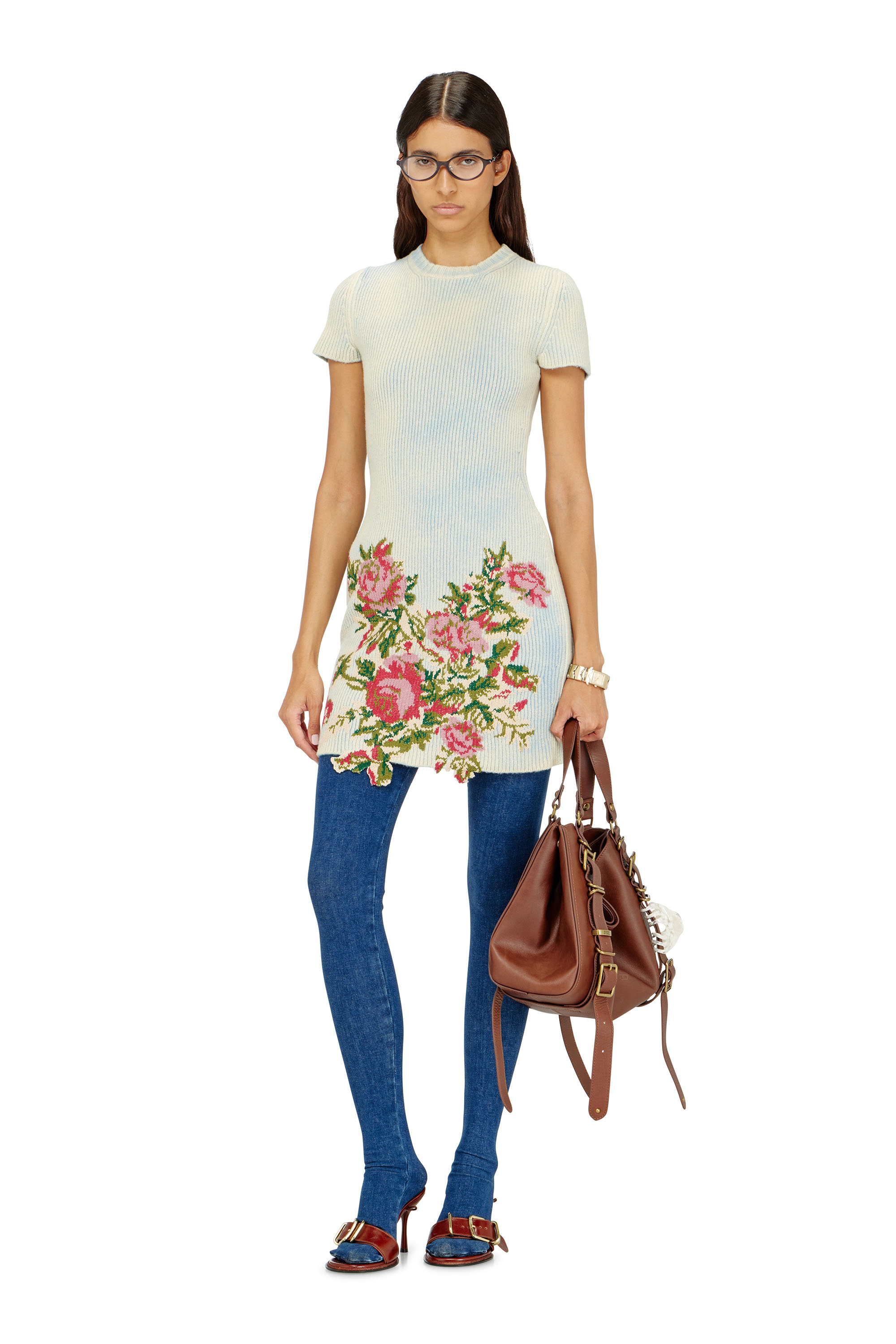 Diesel - M-RINNIE, Vestido corto de punto mezcla de lana con flores Mujer in Blanco - 1