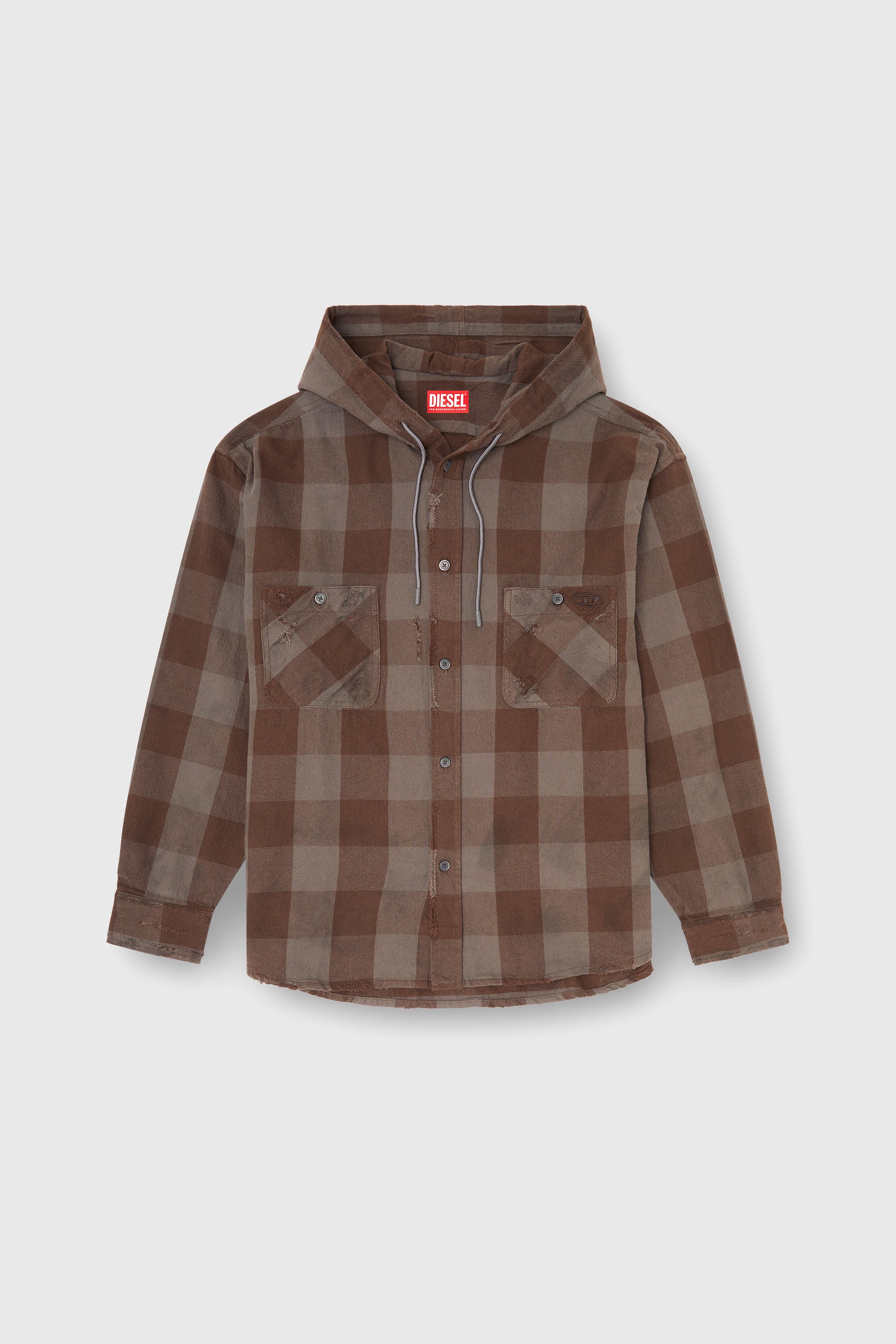 Diesel - S-DRUM-HOODY, Camisa con capucha efecto desgastado en franela de cuadros Hombre in Marr&oacute;n - 2