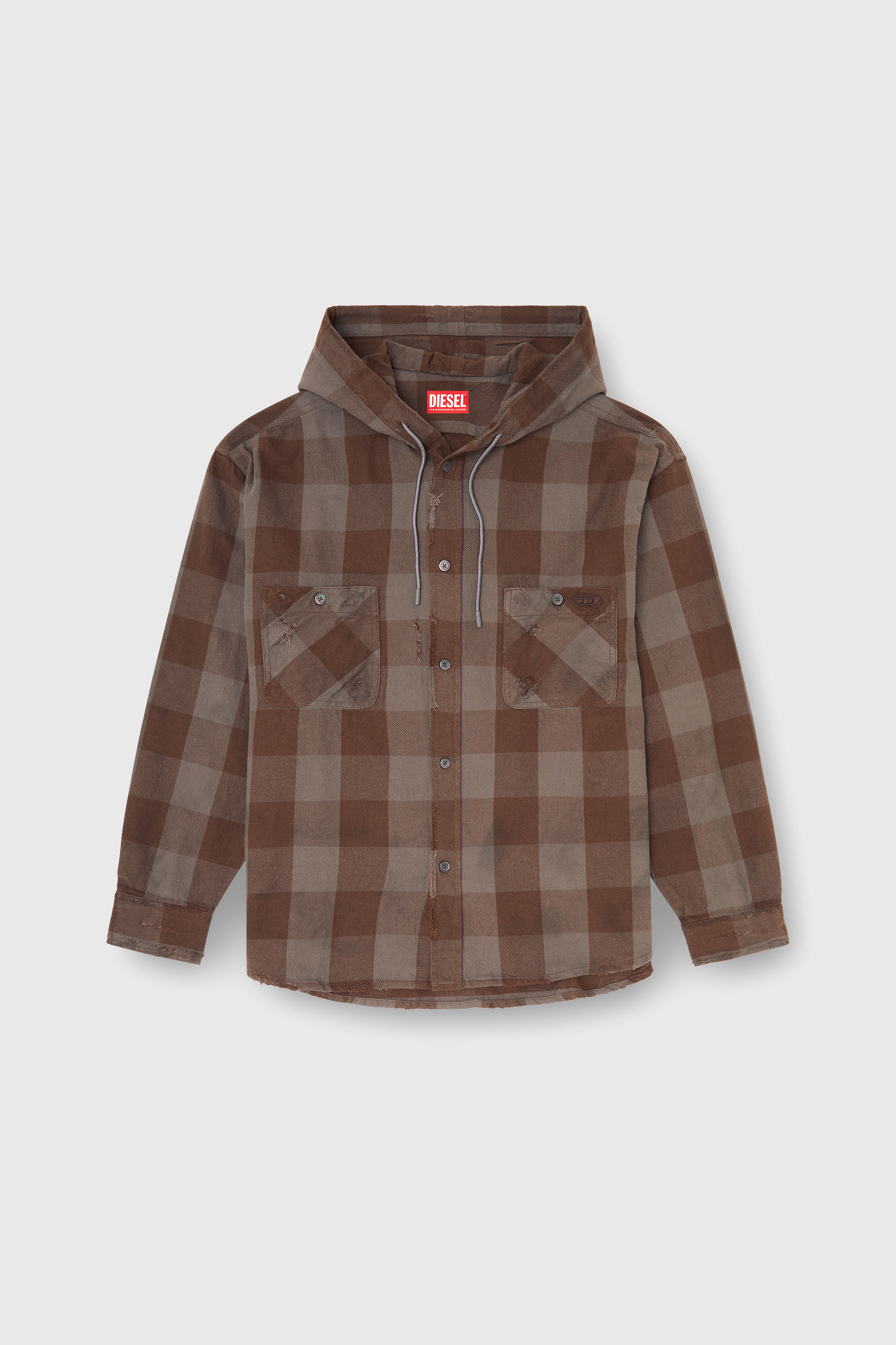 Diesel - S-DRUM-HOODY, Camisa con capucha efecto desgastado en franela de cuadros Hombre in Marr&oacute;n - 2