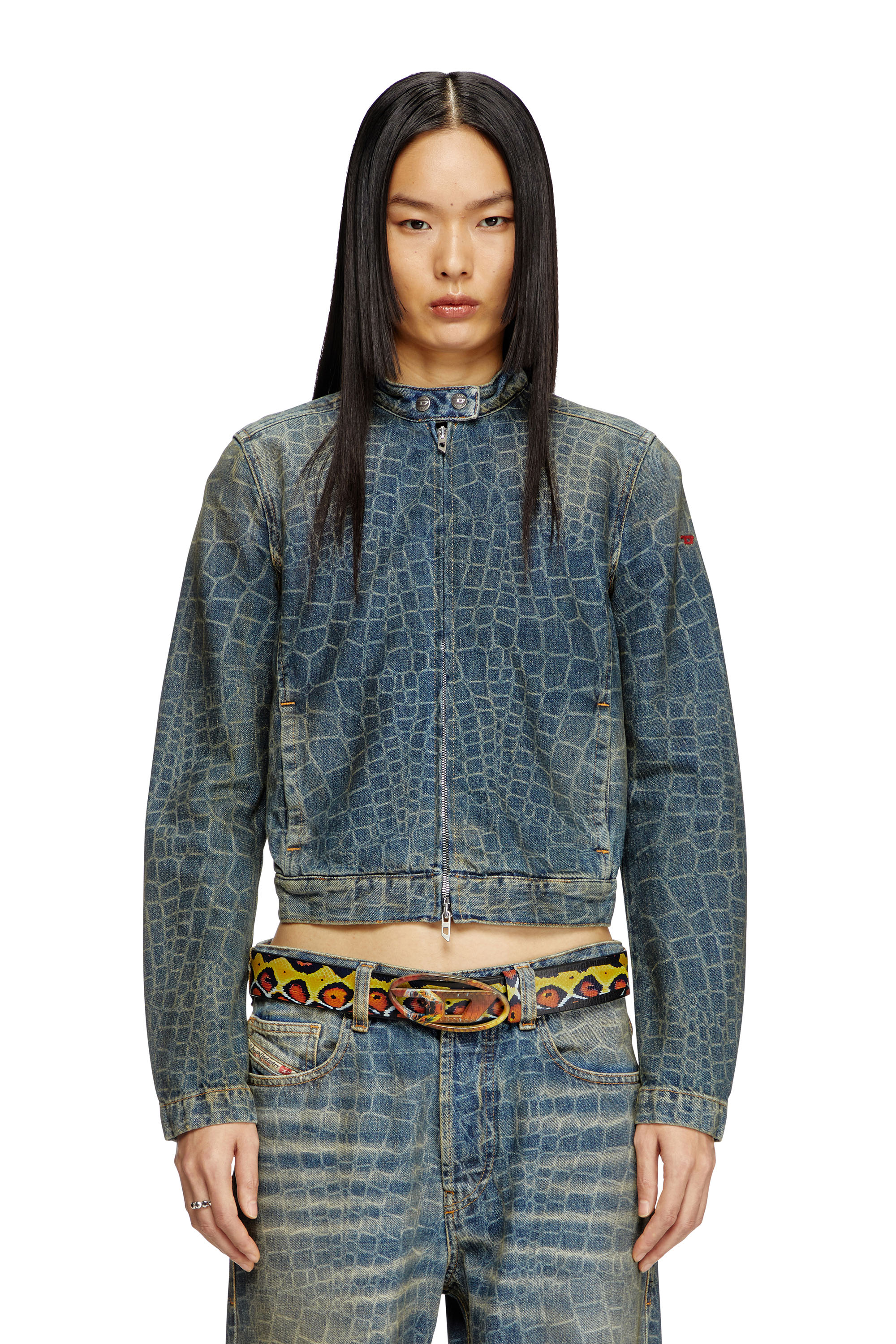 Diesel - CL-DE-MORNIN-SNAKE, Chaqueta motera en denim con estampado de serpiente Mujer in Azul marino - 1