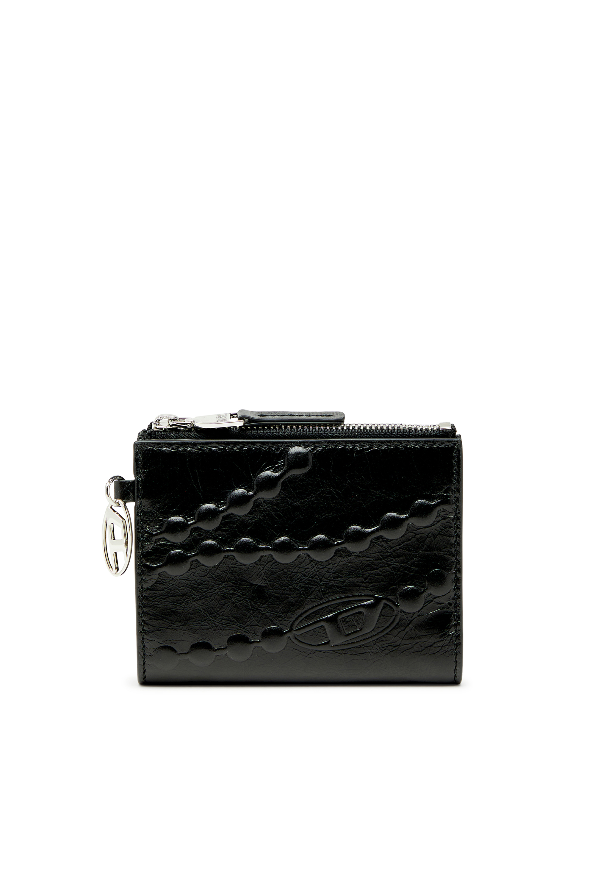 Diesel - OVAL-D BI FOLD ZIP II, Cartera de piel tipo bi-fold con motivo de cadena grabado Mujer in Negro - 1