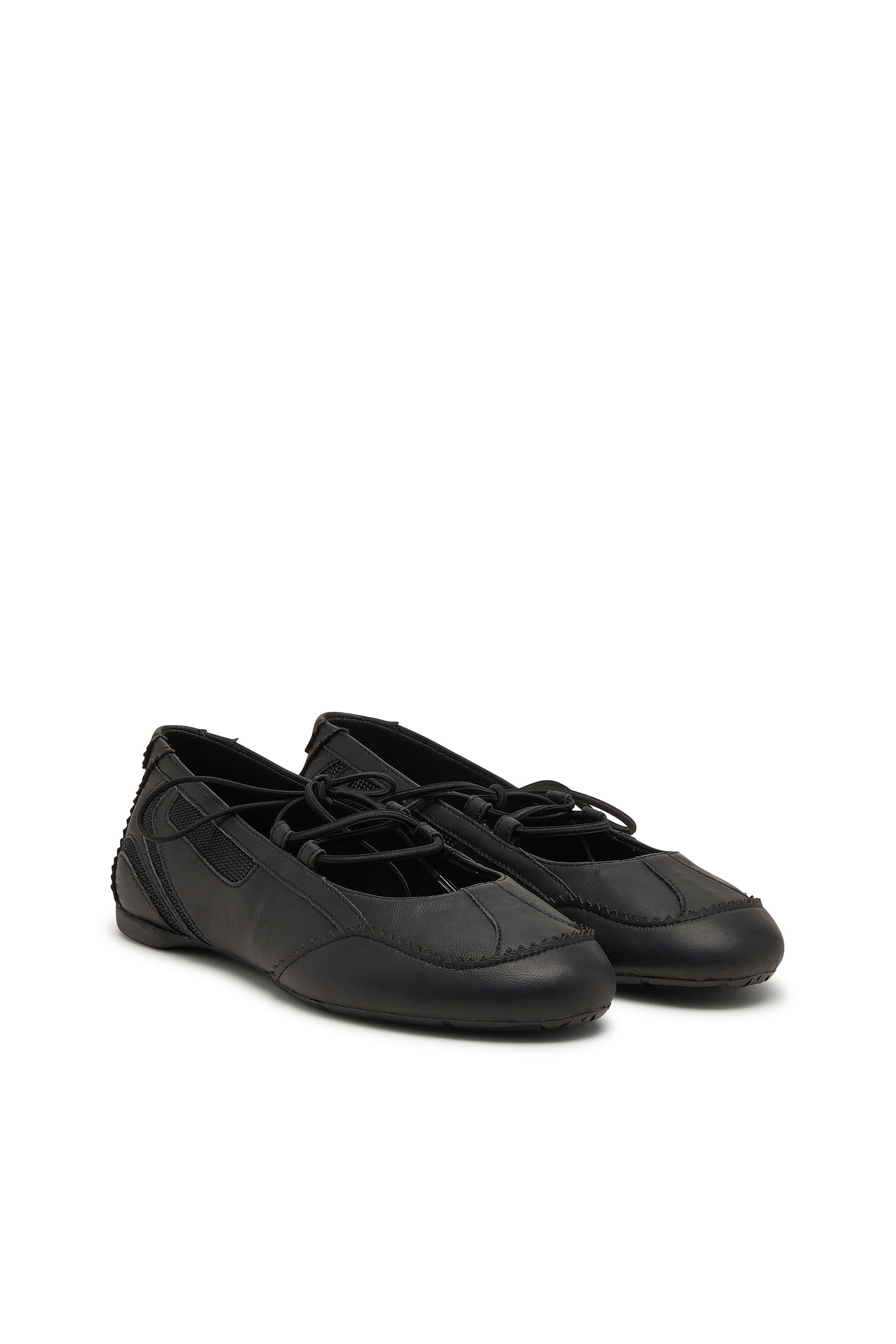 Diesel - D-MILE BALLERINA LACE UP W, D-Mile-Bailarinas con cordones de cuero y malla Mujer in Negro - 2